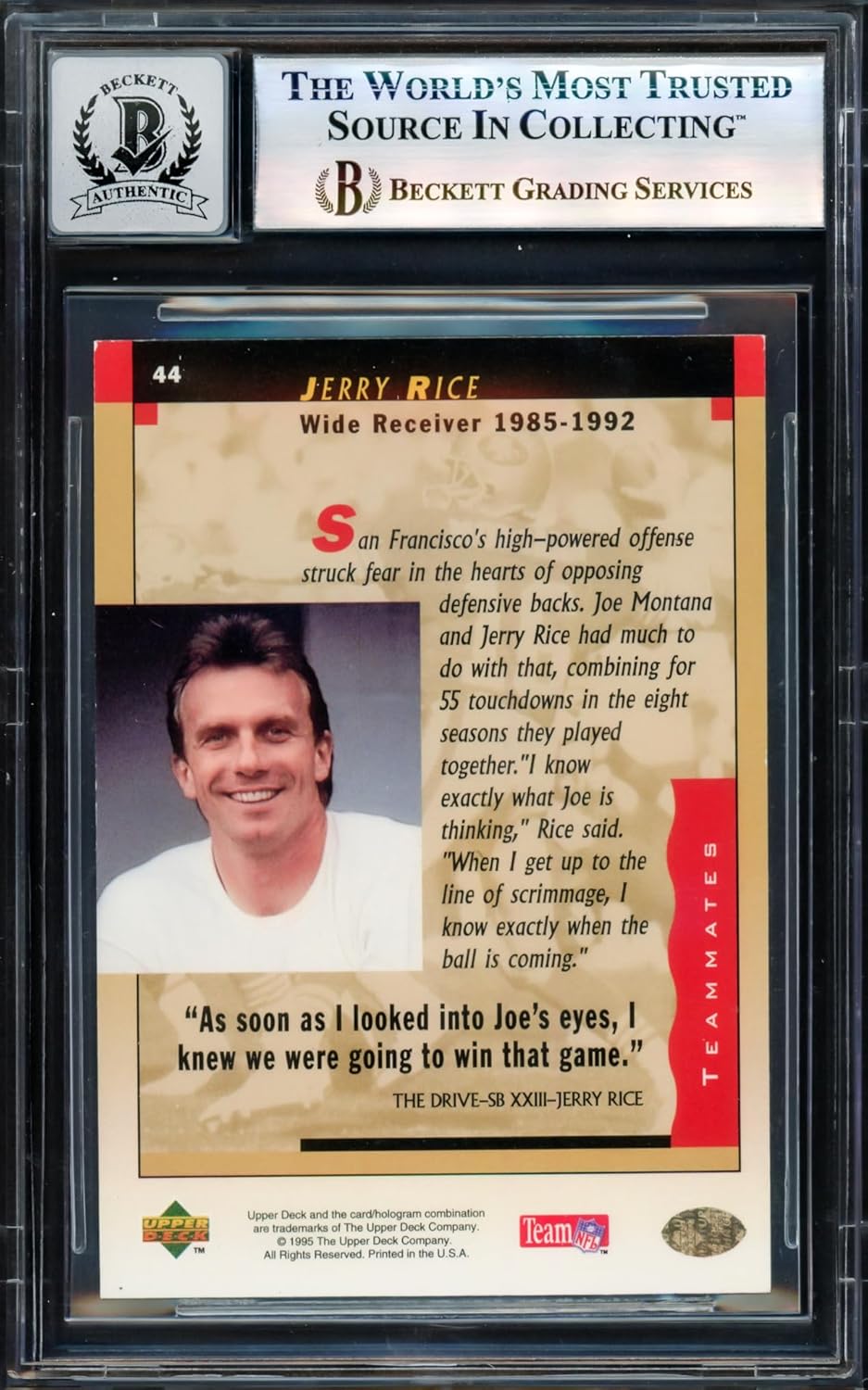 Joe Montana Autographed 1995 U.p.p.e.r D.e.c.k Football Card #44 Auto Grade Gem Mint 10 Beckett BAS #17604296