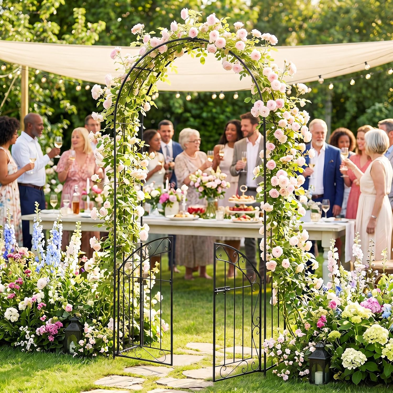 Giantex Garden Arch with Gate, 79" H x 39" W Heavy-Duty Metal Arbor Trellis with Safety Latch, 4 Ground Stakes for Climbing Plants Vines, Outdoor Archway for Lawn, Patio, Wedding & Party (Black)