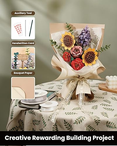 Miniatura 4 de Rompecabezas 3D de madera de ramo de flores modelo kit de construcción para adultos, flores de madera, colección botánica, juguete de construcción,