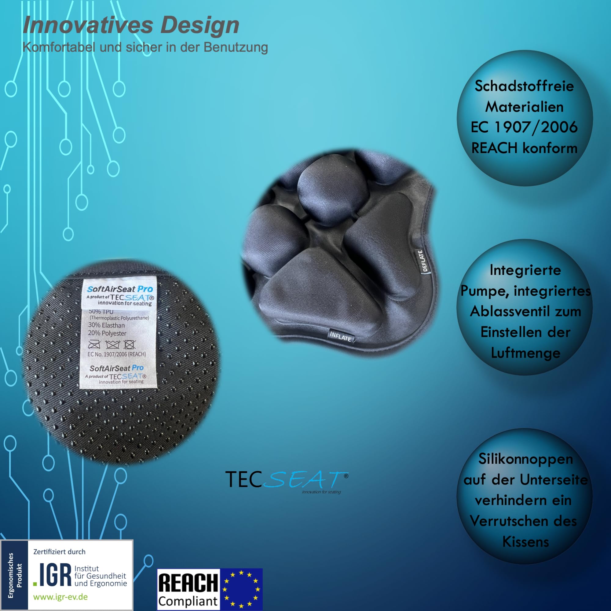 Cuscino ortopedico SoftAirSeat PRO – viaggio, ufficio, auto, volo, treno, cuscino per sedia con 20 imbottiture d'aria, regolabile individualmente