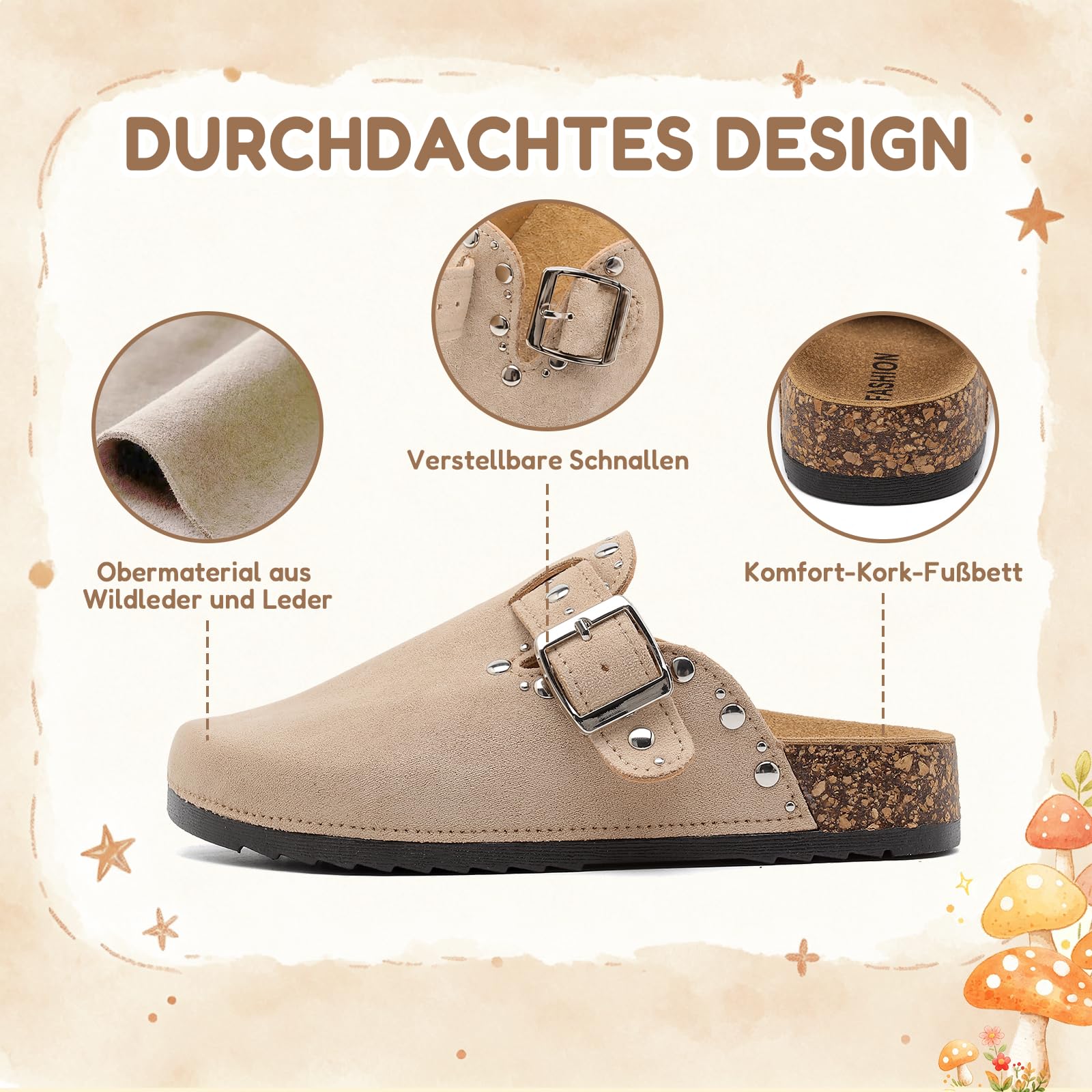 Remaches Ante Zuecos Niñas, Mules Niños con Corcho Plantilla