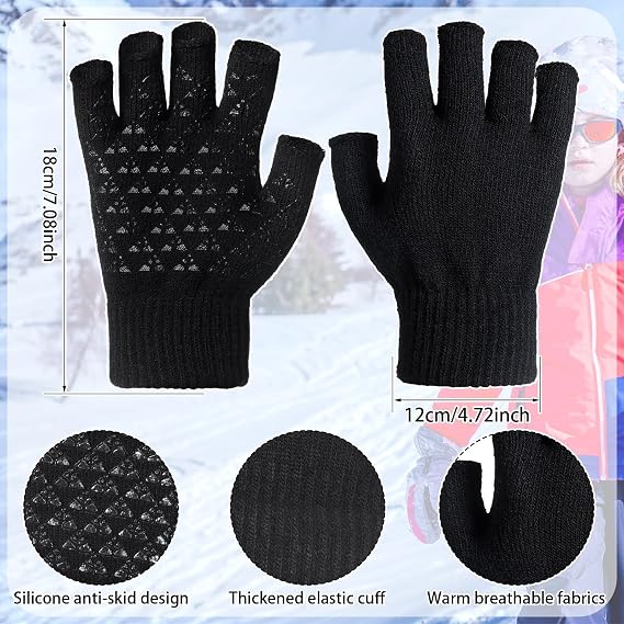 6 Pairs Winter Half Fingerless Knit Gloves Stretchy Anti-Slip Gloves Warm Texting Mittens for Men Women