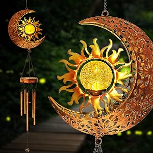 Solar Wind Chimes,Outside Moon Sun Lights Waterproof Wind Chime for Garden, Tree, Patio Hanging Decor