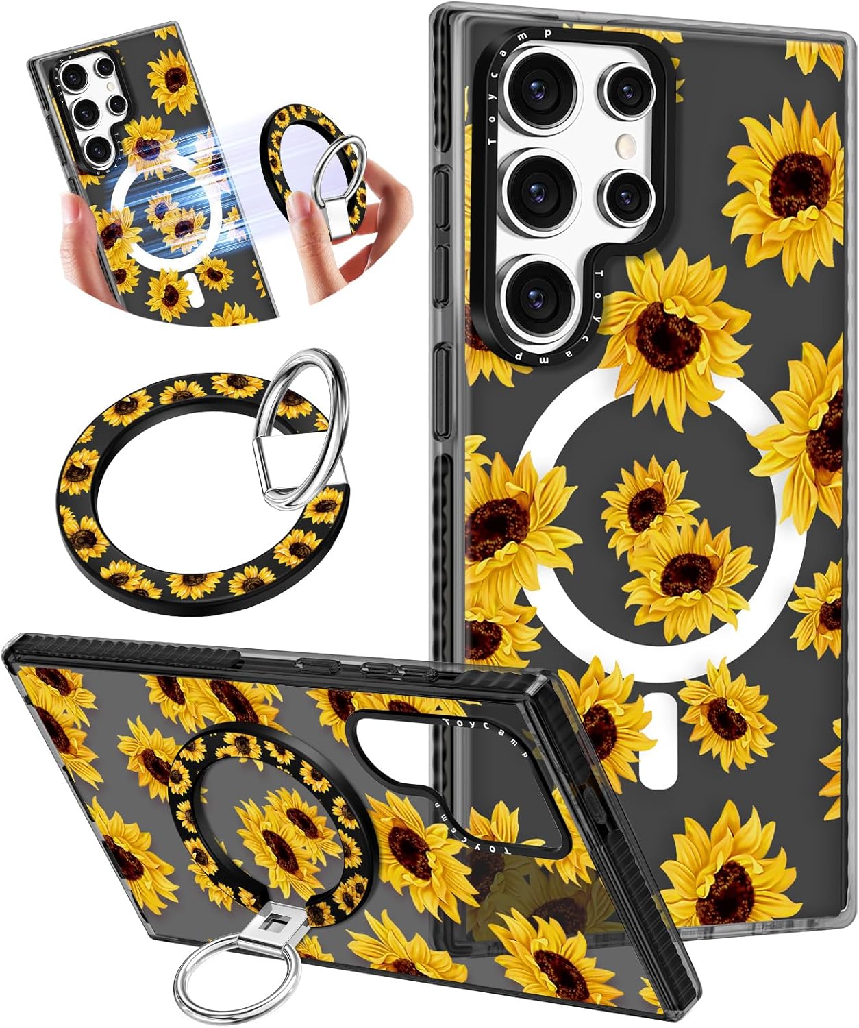 Toycamp for Samsung Galaxy S25 Ultra Case Compatible with Magsafe - Cute Design 360°Magnetic Ring Holder Stand Kickstand Funny Sunflower Girly Pretty Fashion TPU Phone Covers for Women Tenn Girls