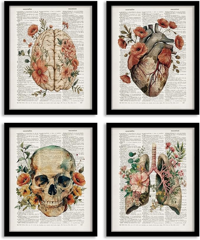 Eghvk Vintage Gothic Skull Wall Art Skeleton Decor 8x10 Prints Unframed