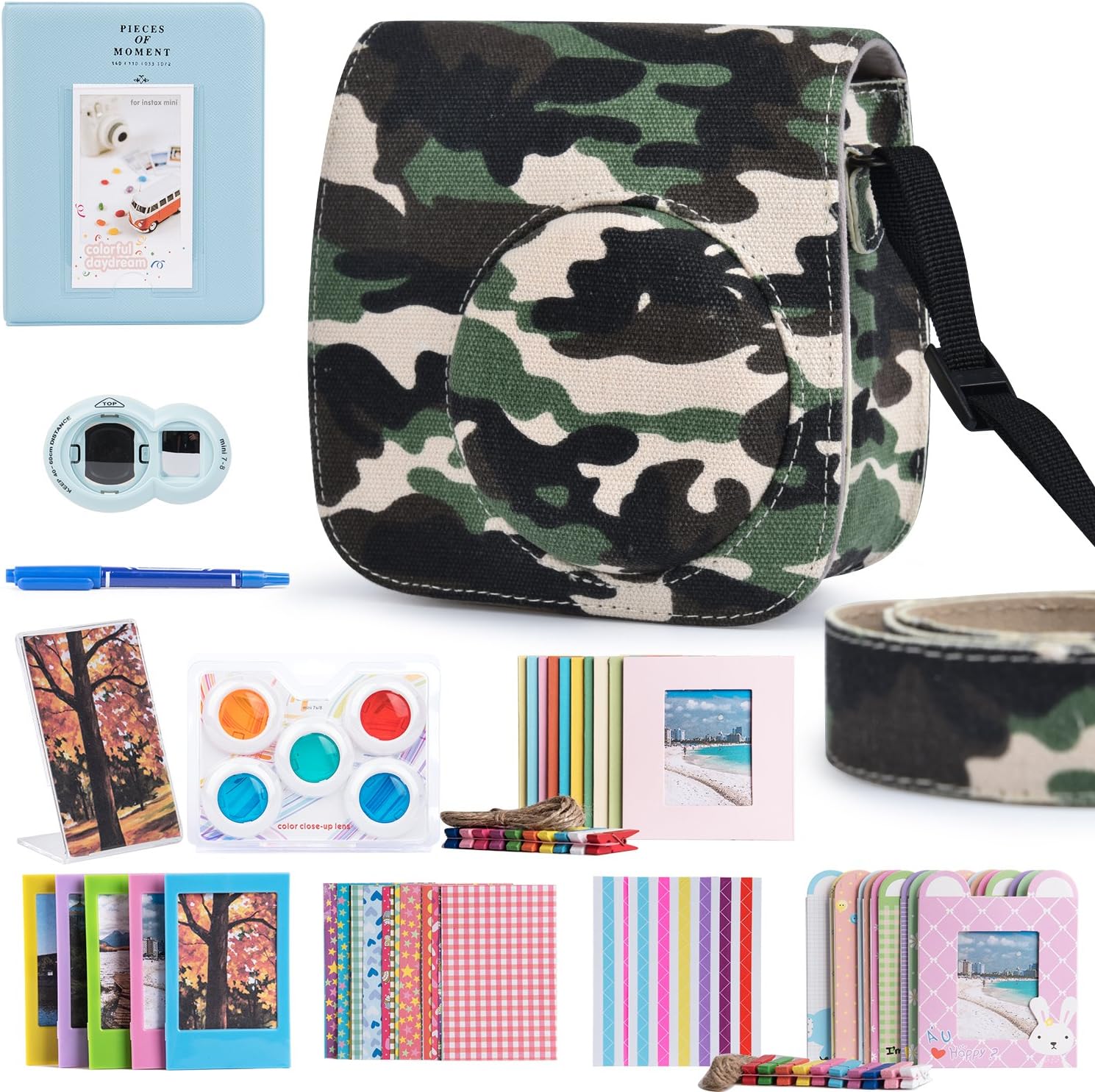 Camsir Accessories Compatible For Fujifilm Instax Mini 8 9 Film Camera Bundle with Camouflage Camera Bag/Albums/Filters/Selfie lens/Hanging/Creative Frames/stickers