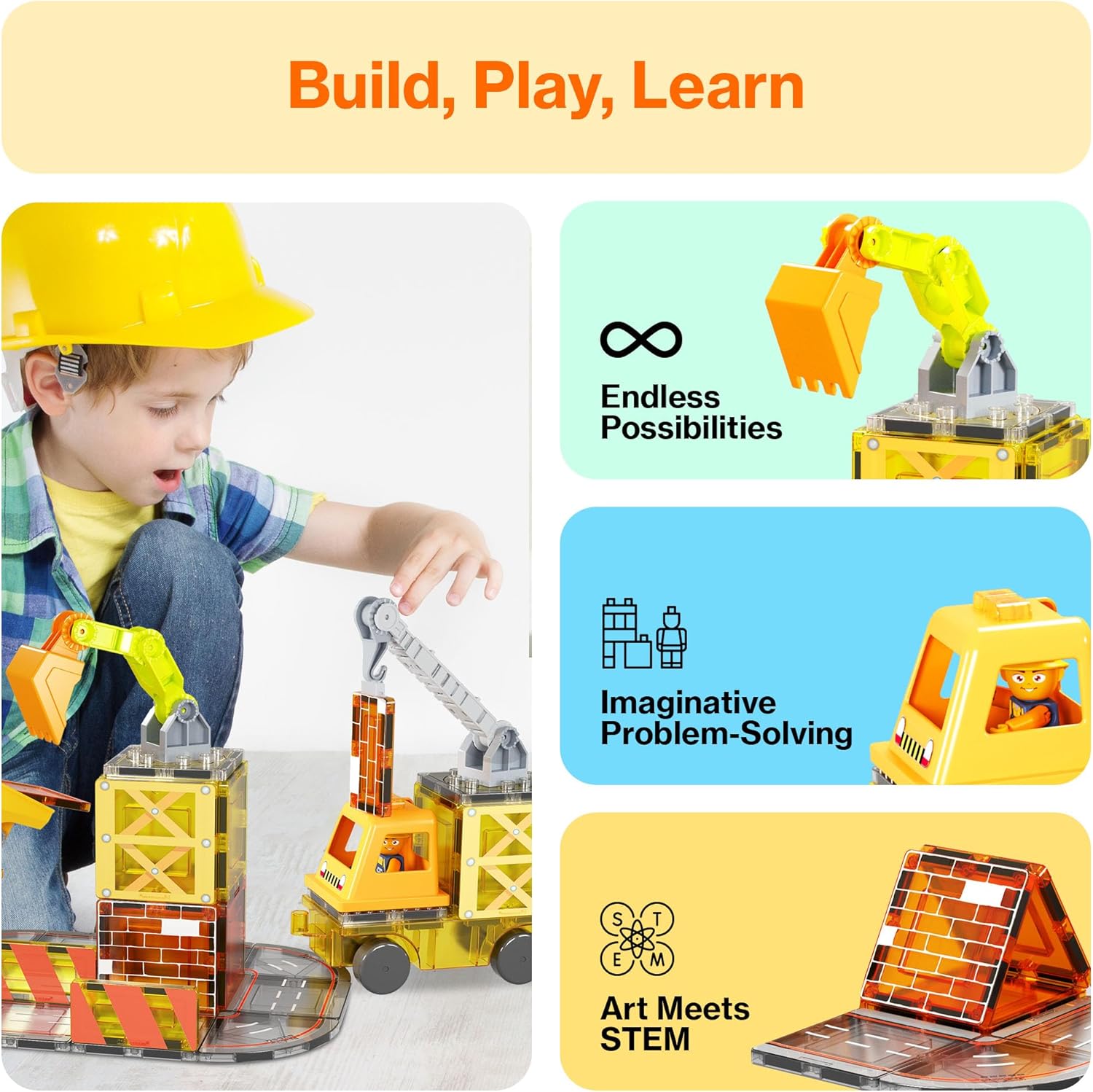 PicassoTiles Magnet Tile Construction Themed Building Blocks 5-in-1 Crane, Ladder, Dump Truck, Excavator, and Backhoe Action Figures, 2 Car Base Vehicles Magnetic Tiles Learning Toys Kids Ages3+ PTU06