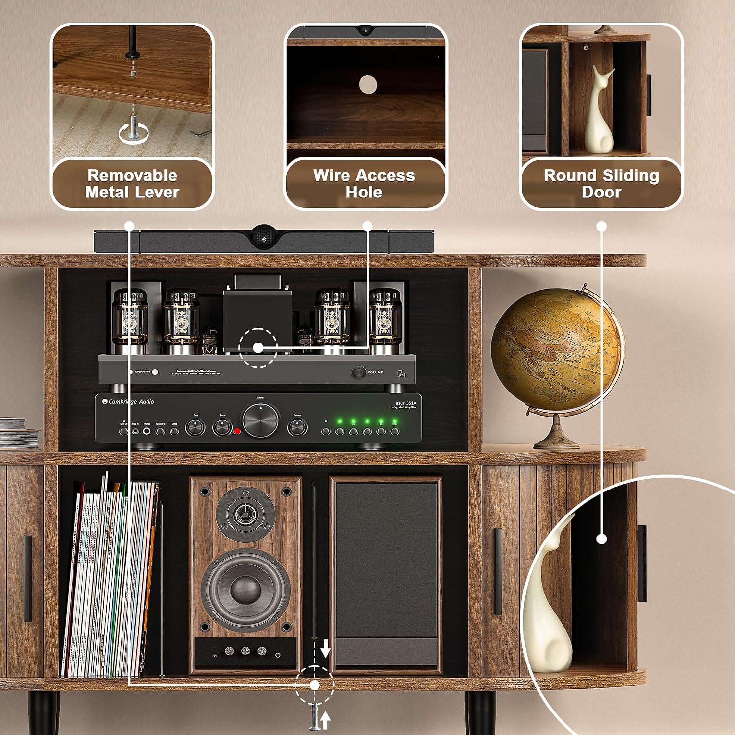 Large Record Player Stand with Storage and Shelves, Mid Century Modern Record Player Cabinet with Doors, Vinyl Record Player Table Holds 150+ Records for Living Room Bedroom, (Walnut)