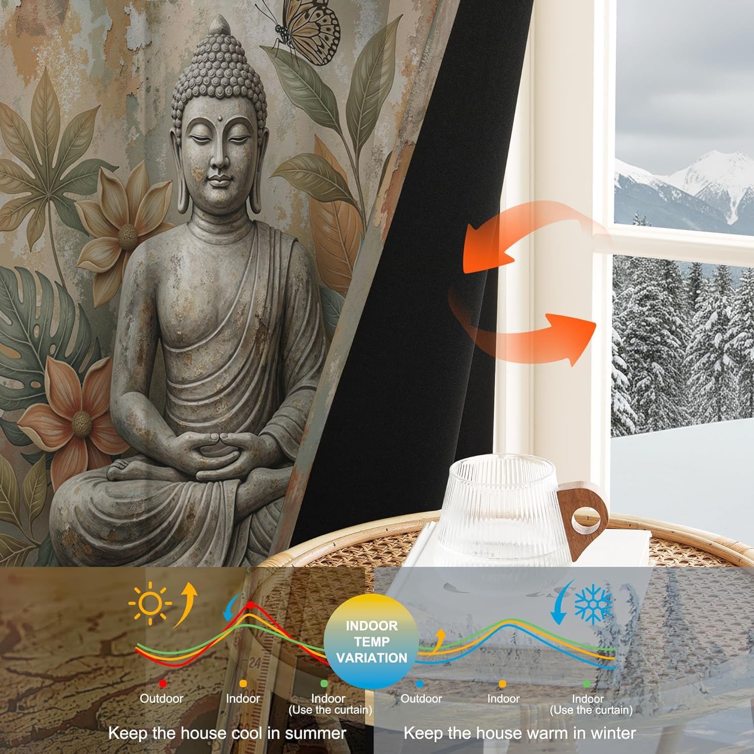 Stile Zen retrò Tende Oscuranti per Interni, 2 Pannelli, 140 X 220 cm | Tenda Termica Isolante Freddo e Caldo, Statua di Buddha Fiori di Monstera, per Camera da Letto e Soggiorno Marrone-verde