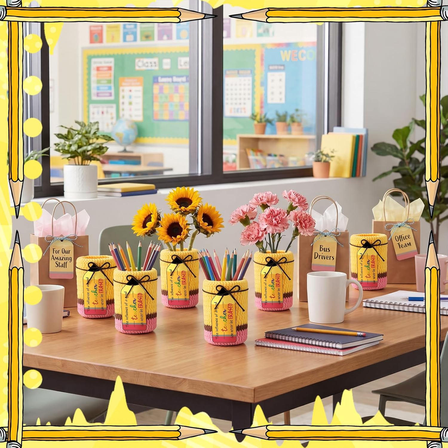 6 Set Crochet Teacher Appreciation Gift Pencil Holder with Positive Card Classroom Desk Stationery Storage Organizer Thank You Gifts for Teachers Educator Staff End of School Year Supplies