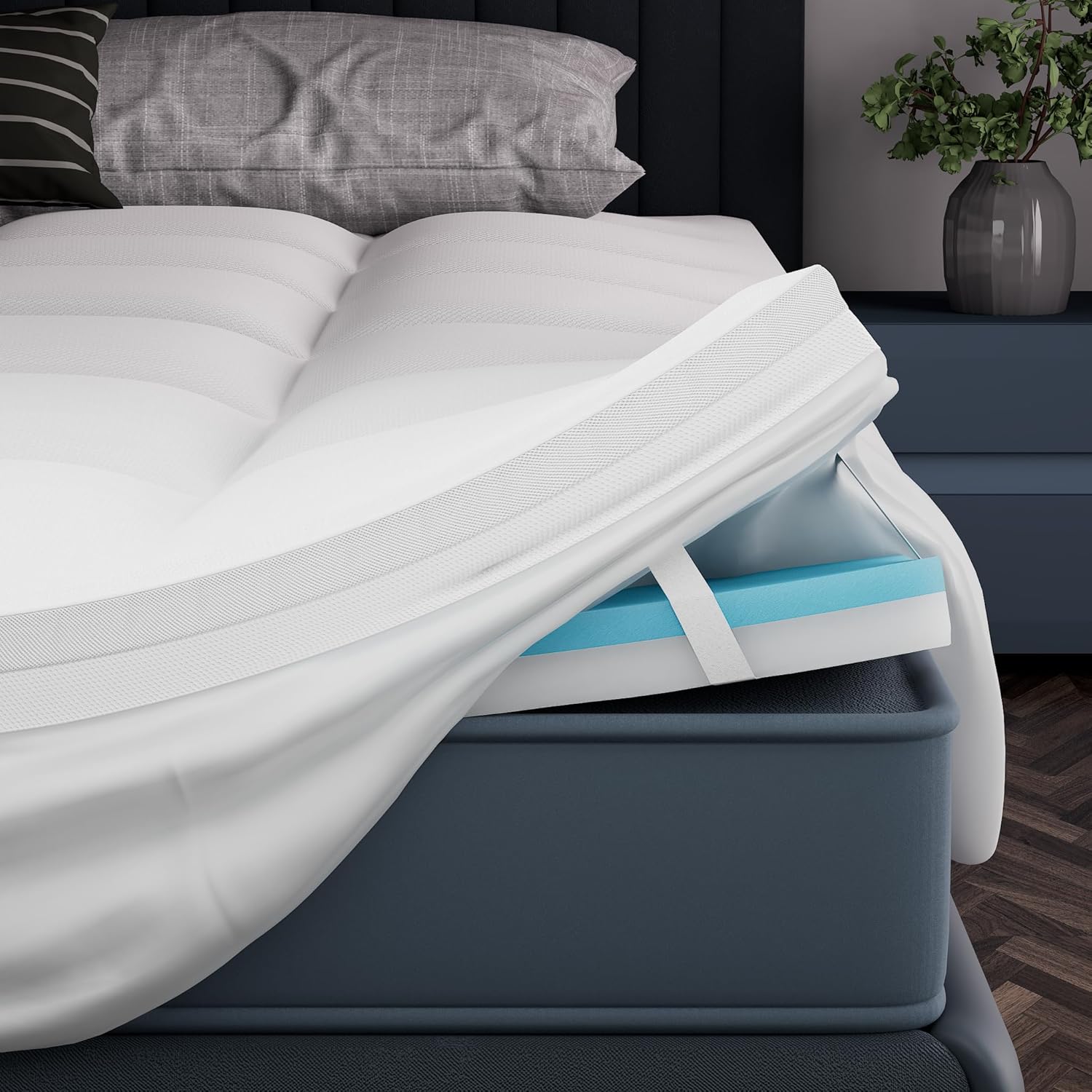 4 Inch Memory Foam Mattress Topper King, 2" Cooling Gel Memory Foam + 2" Plush Pillow Top Mattress Pad, 2-in-1 Dual Layer Design, Medium-Firm, Pressure Relief Back Pain Support