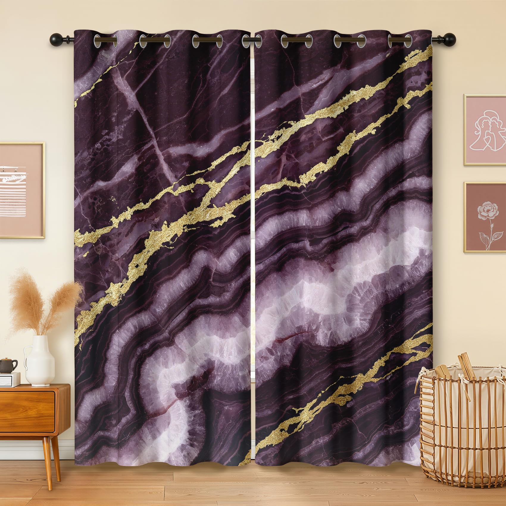 Havenix Luxury Aubergine Blackout Curtains for Bedroom Living Room, Eyelet Curtains 46x72, Thermal Insulated Drapes for Windows, Purple and Gold Marble Patterned Window Treatments, 2 Panels