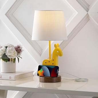 Eyely EYL6311A Orson 17.5" Mid-Century Vintage Iron/Resin Giraffe LED Kids Table Lamp with Phone Stand and USB Charging Port, Yellow
