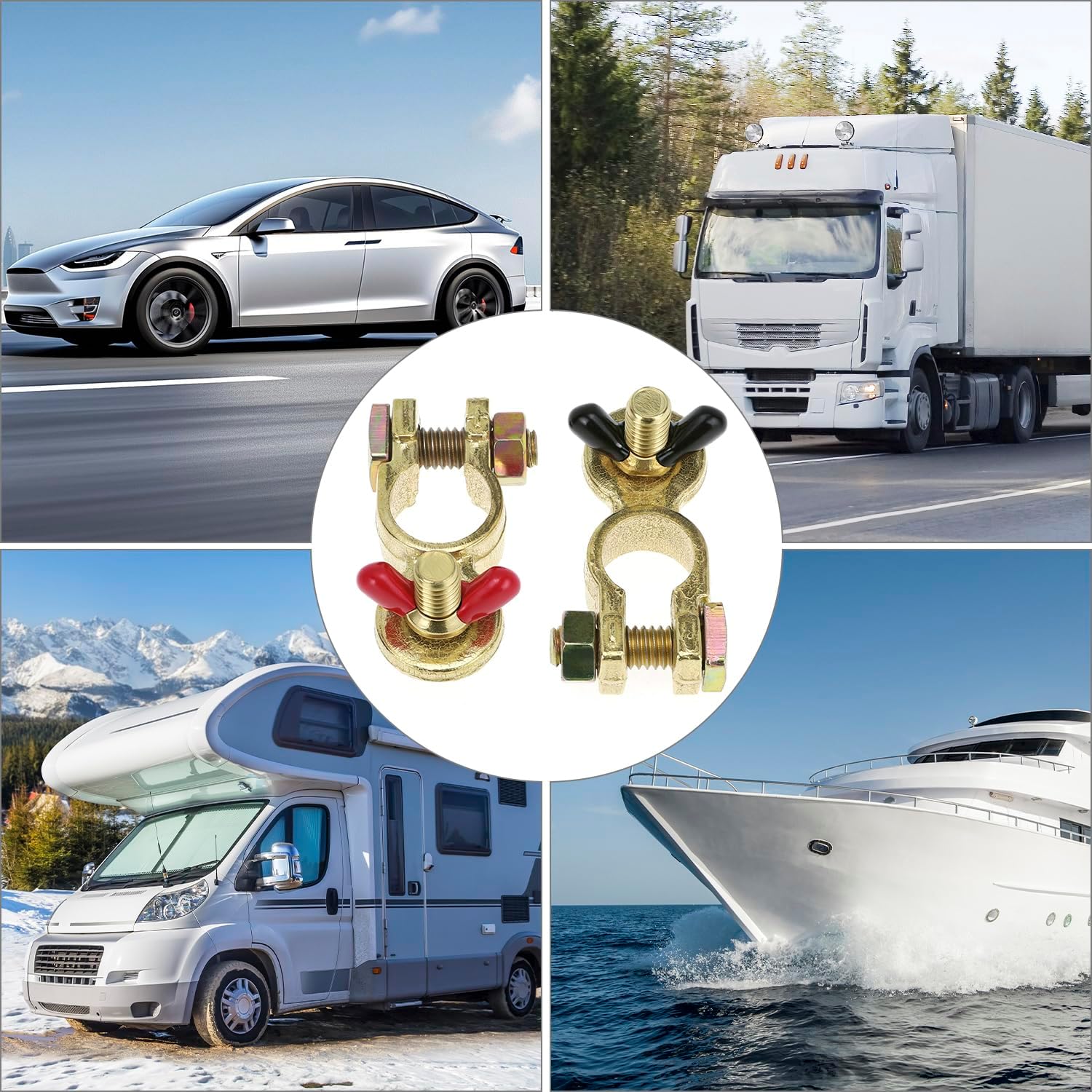 QWORK® 2 Pairs Brass Battery Terminal Connectors, Battery Terminal Top Post Marine Grade Battery Terminal Clamps for Boat Car RV