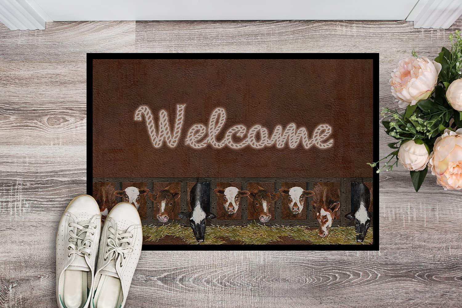 Caroline's Treasures SB3058MAT Welcome Mat with Cows Doormat 18x27 Front Door Mat Indoor Outdoor Rugs for Entryway, Non Slip Washable Low Pile, 18H X 27W
