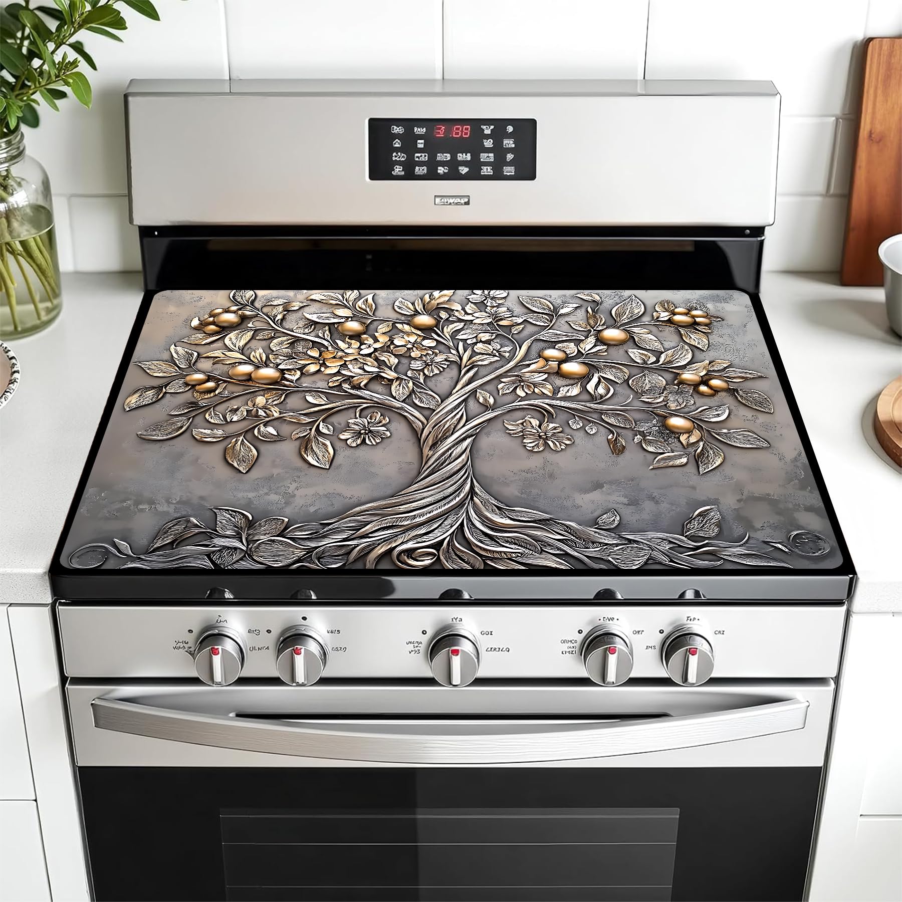 Multi-Design Stove Top Cover for Glass/Electric Stoves - 3-in-1 Heat-Resistant Protector Mat, Non-Slip Drying Rack 28"x20" (Silver Fruit Tree, 28" L x 20" W)