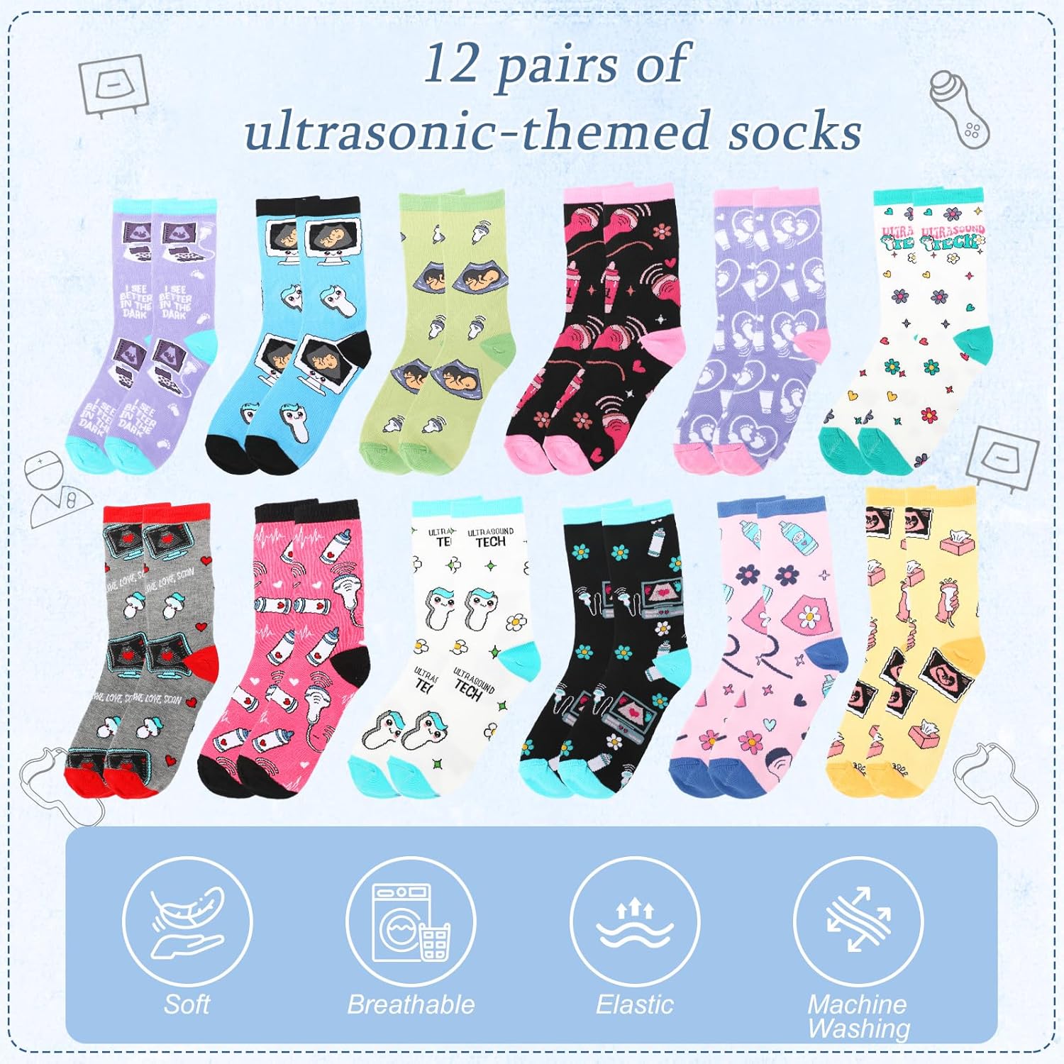 Glitopper 12 Pairs Sonographer Socks Set Fun Ultrasound Tech Gift with Fun Medical Theme Designs Stretchy Socks for Radiology Nurses Doctors Medical Professionals