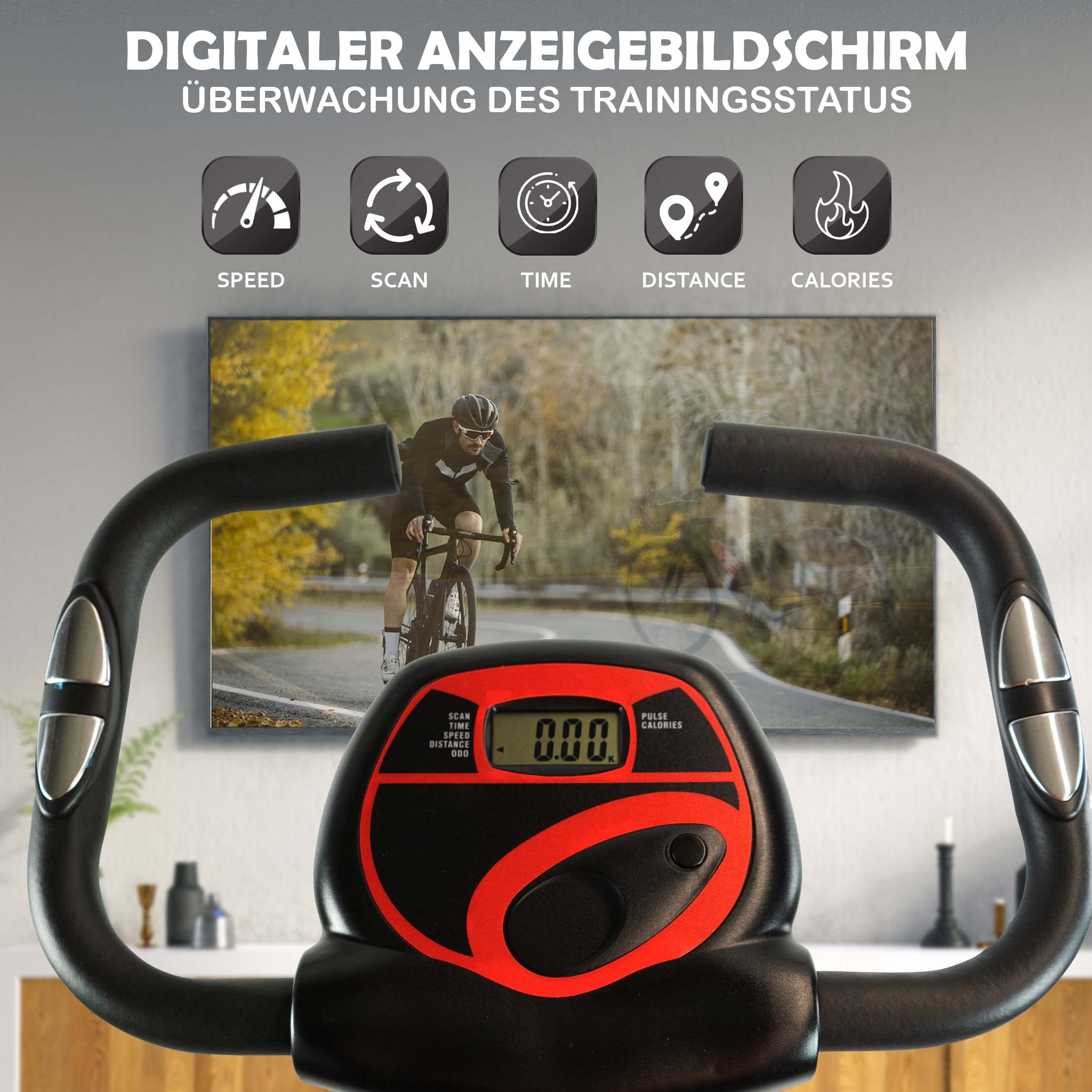 faltbarer Fahrradtrainer, Heimtrainer, Fitnessfahrrad LCD Trainingscomputer, klappbarer Hometrainer, inklusive Pulsmessung, maximales Benutzergerwicht 110 kg, 8 Widerstandsstufen