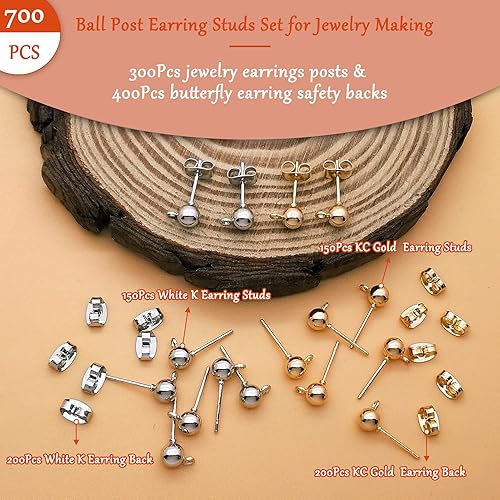 Miniatura 2 de Juego de 700 aretes de bola para hacer joyas, 300 aretes de bola, aretes de bola con lazo con 400 aretes de mariposa de repuesto para hacer joyas de