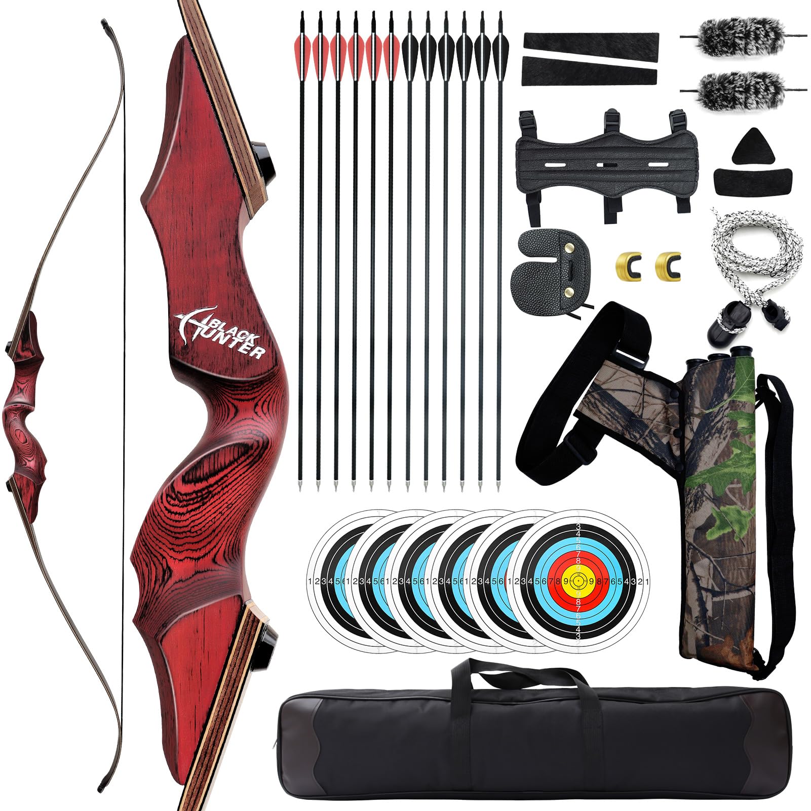 152 cm nero Hunter arco ricurvo 9-27,2 kg arco e freccia Set con borsa per arco e faretra freccia mano destra tiro con l'arco Set adulto principiante caccia tiro