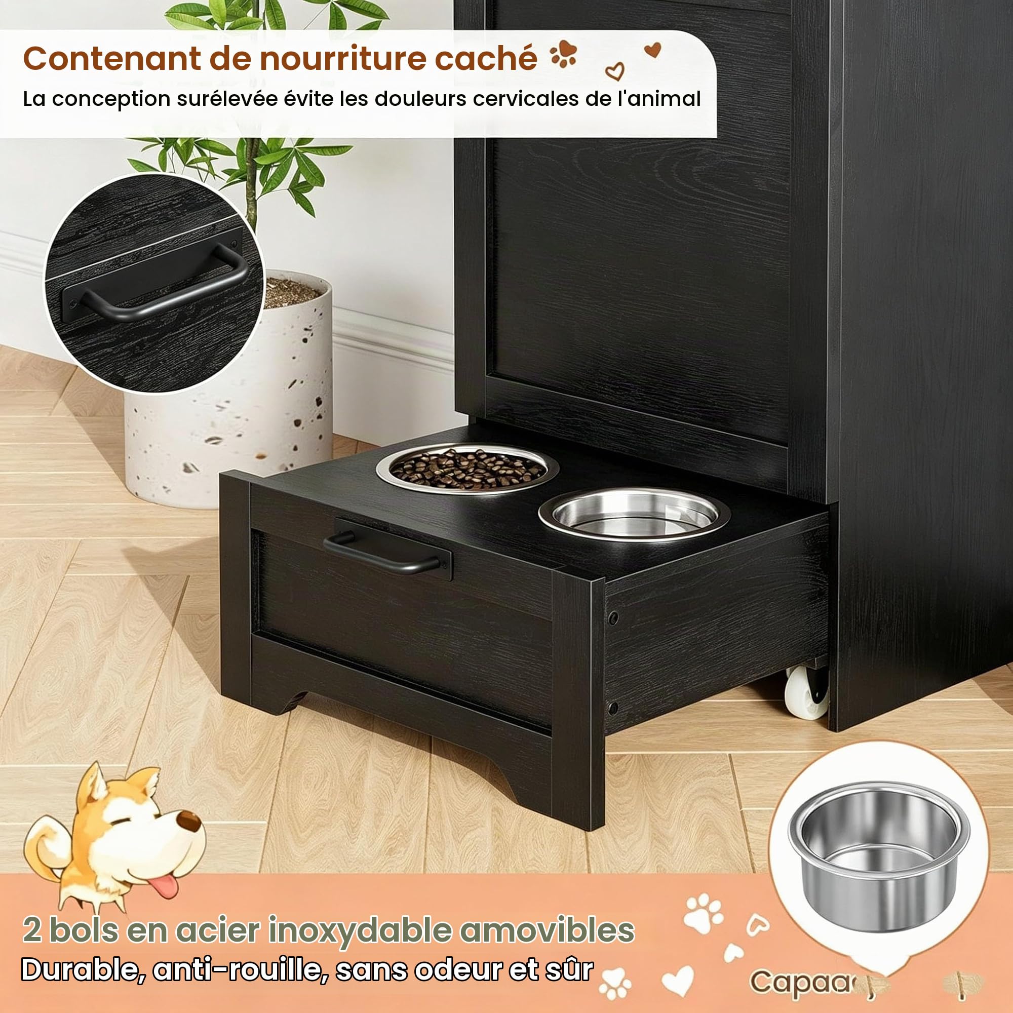 Garvee Station d'alimentation pour Chiens, Meuble d'armoire Alimentaire avec 2 Gamelles Surélevées pour Chien, Boîte de Rangement 3 Crochets, Organisateur de Jouets pourAnimaux Domestiques