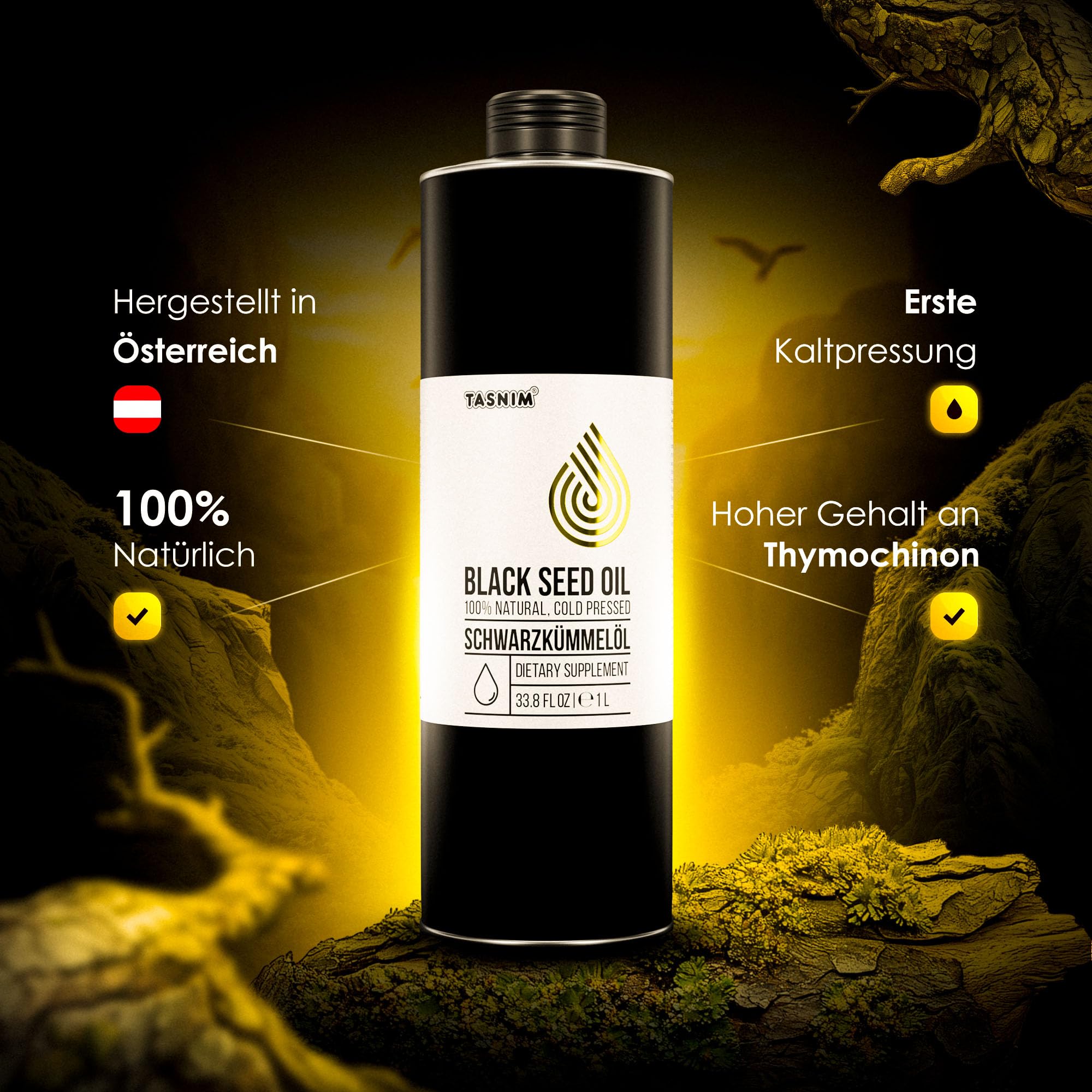 Schwarzkümmelöl Kaltgepresst 1000ml, Ungefiltert, Hochwertig, Naturrein Ohne Zusatzstoffe, Äthiopisches Nigella Sativa Öl mit Hohem Thymoquinon, Mühlenfrisch, Vegan