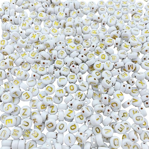 100 cuentas blancas mixtas redondas de acrílico del alfabeto de 0.157 x 0.276 pulgadas (0.157 x 0.276 in), cuentas doradas de la A a la Z