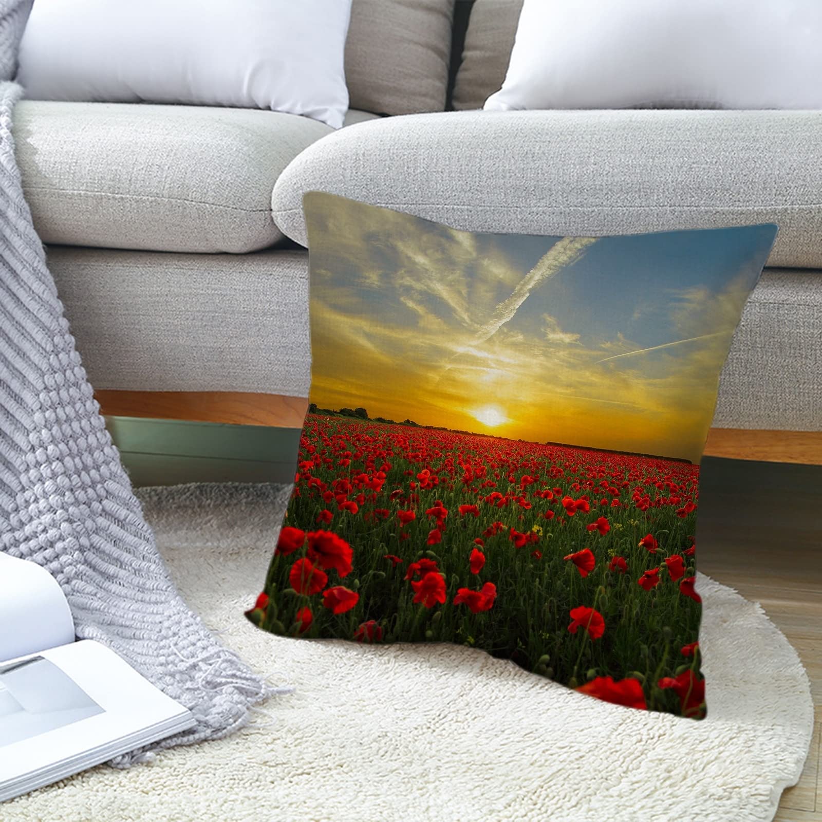 4 fundas de cojín para sofá y silla, 50 x 50 cm, funda de cojín pequeña, color rojo, verde, amarillo, puesta de sol y flores rojas, funda de almohada de lino para sala de estar