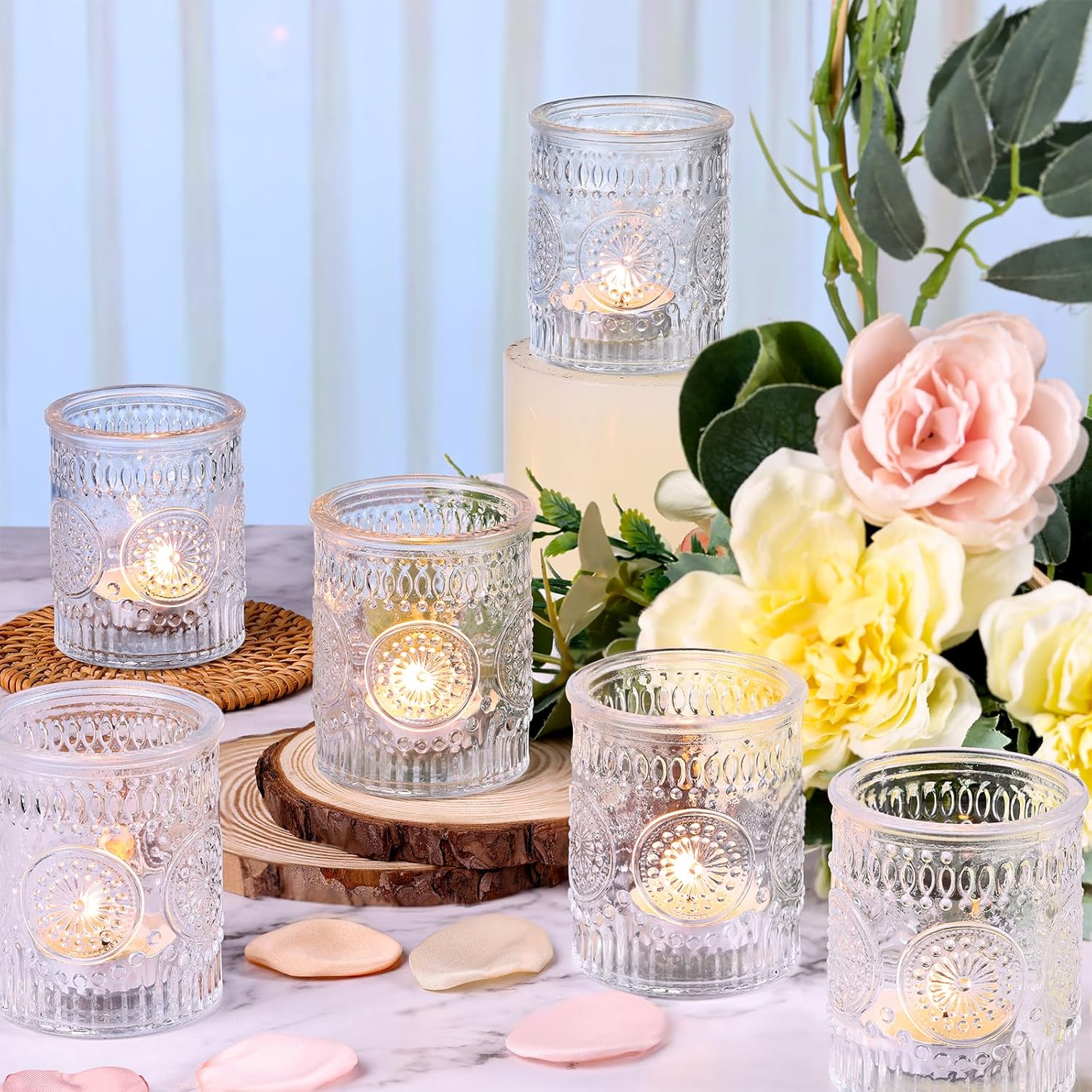 Lanttu 12PCS Glass Votive Candle Holder for Wedding Table Centerpiece, Clear Tea Lights Candle Holders for Dinner Birthday Party Decor