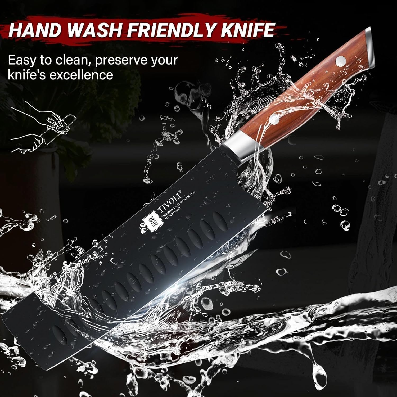 TIVOLI 3 Piece Kitchen Knife Set - High Carbon Steel Black Blade Rustproof Coating - Chef Knife Set with Ergonomic Wood Handle, Cooking Knives for Meat Vegetable Fruit, Gift Box Sharp Knives