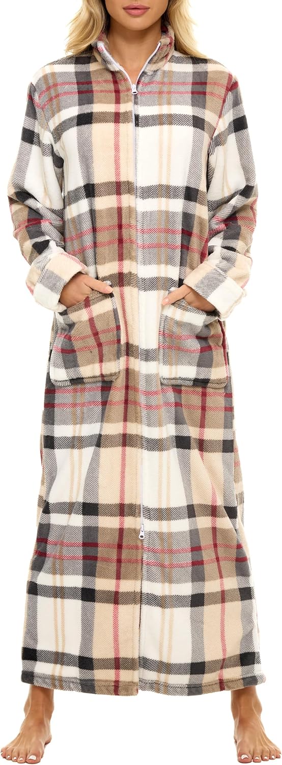 Alexander Del Rossa Long Zip Up Robes, Plush Zipper Robes for Plus Size, Housecoats Zipper Front