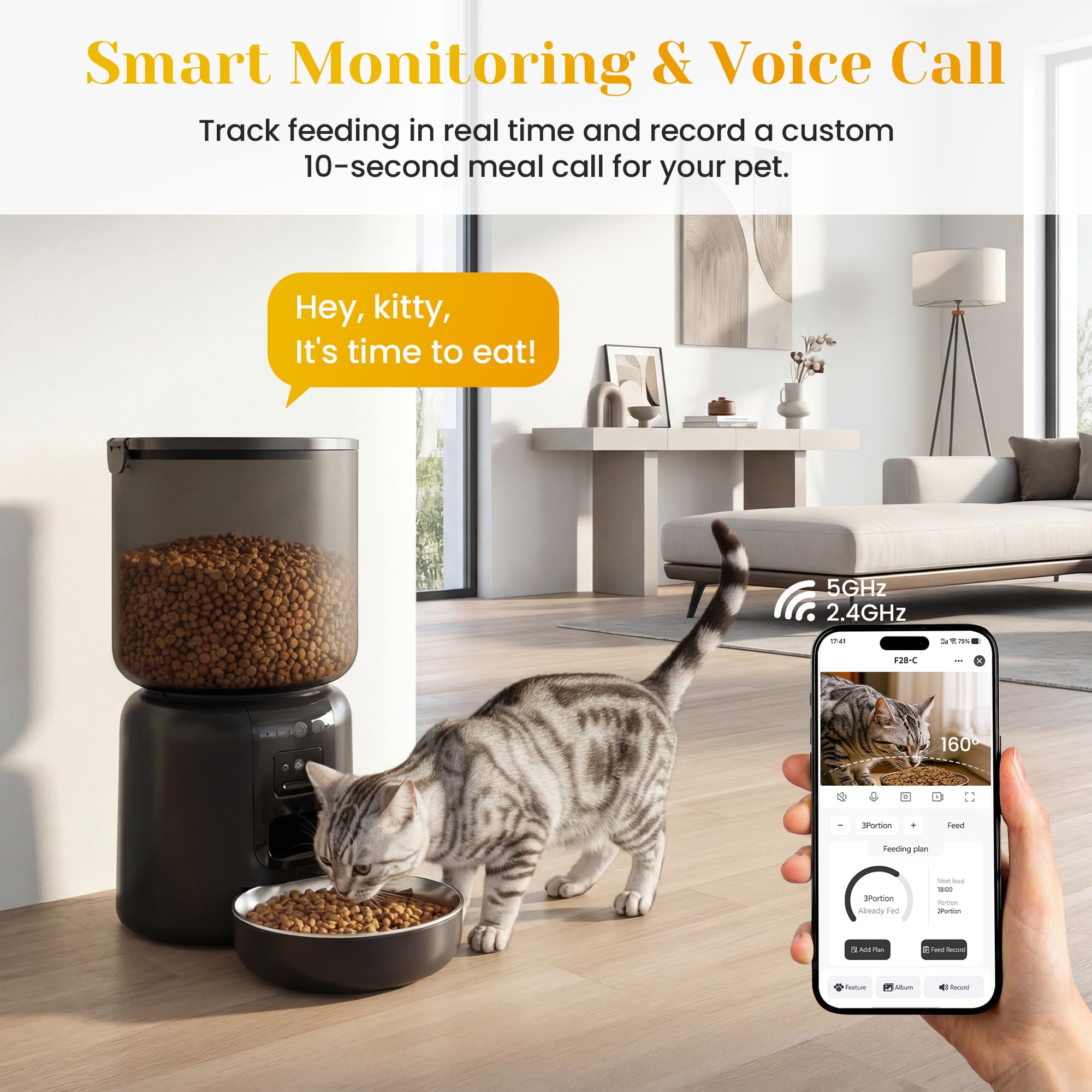 Automatic Cat Feeder with 1080p HD Camera, Automatic Dog Feeder with App Control via 2.4G/5G WiFi, Dual Power System & Voice Recording, 4L Food Dispenser for Cats and Small Dogs, Black - image 2