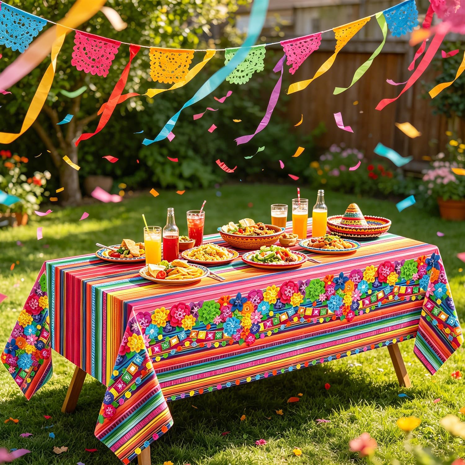 6 Packs Mexican Fiesta Plastic Tablecloth Mexico Colorful Striped Table Cover Floral Party Table Cloth for Cinco De Mayo Taco Night Mexican Fiesta Party Supplies Mexico Themed Decorations 51 x 86 IN image 5