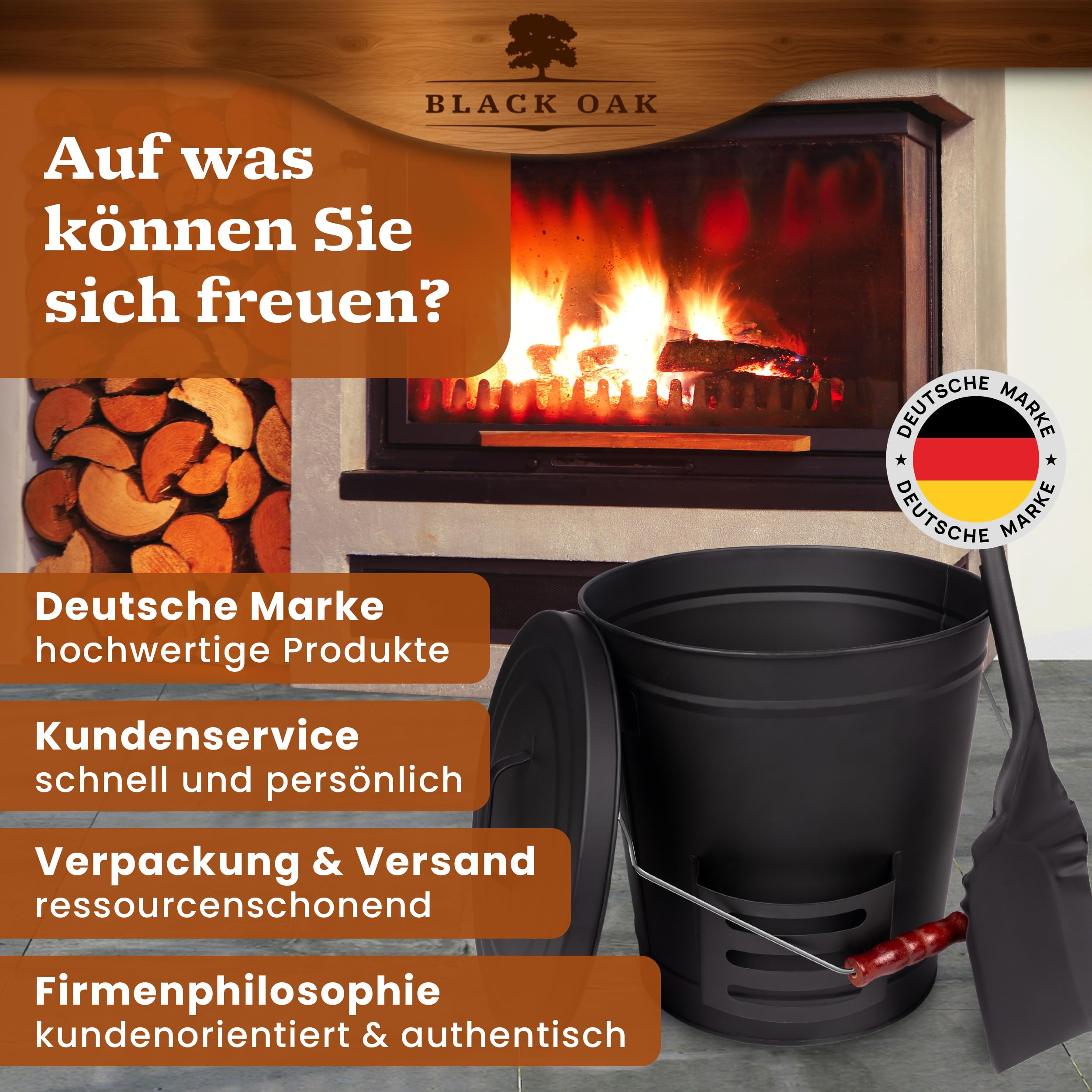 BLACK OAK Ascheeimer Stromboli 20L – schwarz mit Deckel & Schaufel - Bügel Silber - groß 20 Liter Stahl feuerfest verzinkt & pulverbeschichtet Asche & Kohle Eimer Zubehör Kamin Kachelofen Holzofen