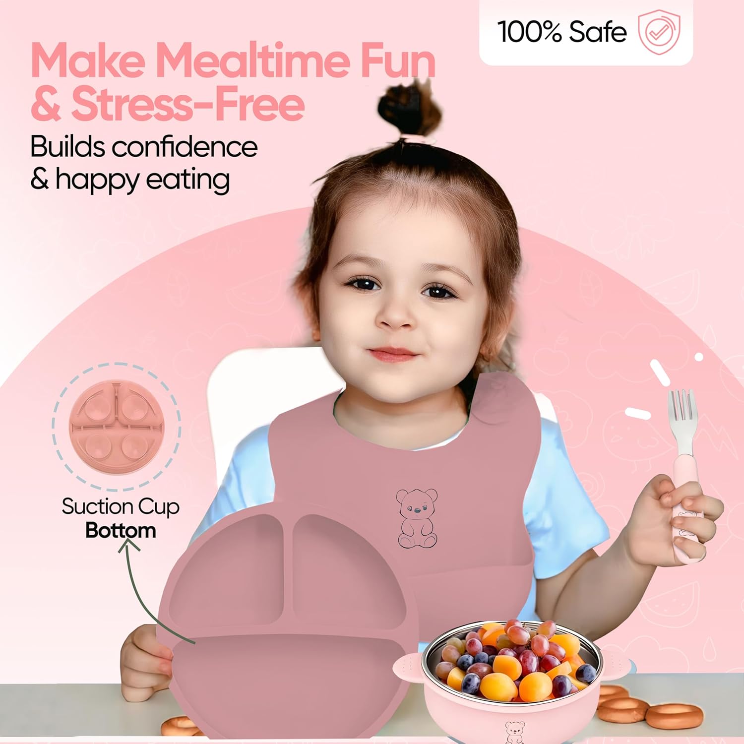9-Piece Silicone Baby Feeding Set | Suction Bowl, Plate, Bib, Cup, Fork & Spoon | BPA-Free Food-Grade Silicone Baby Tableware | Baby-Led Weaning | Dishwasher (Pink)