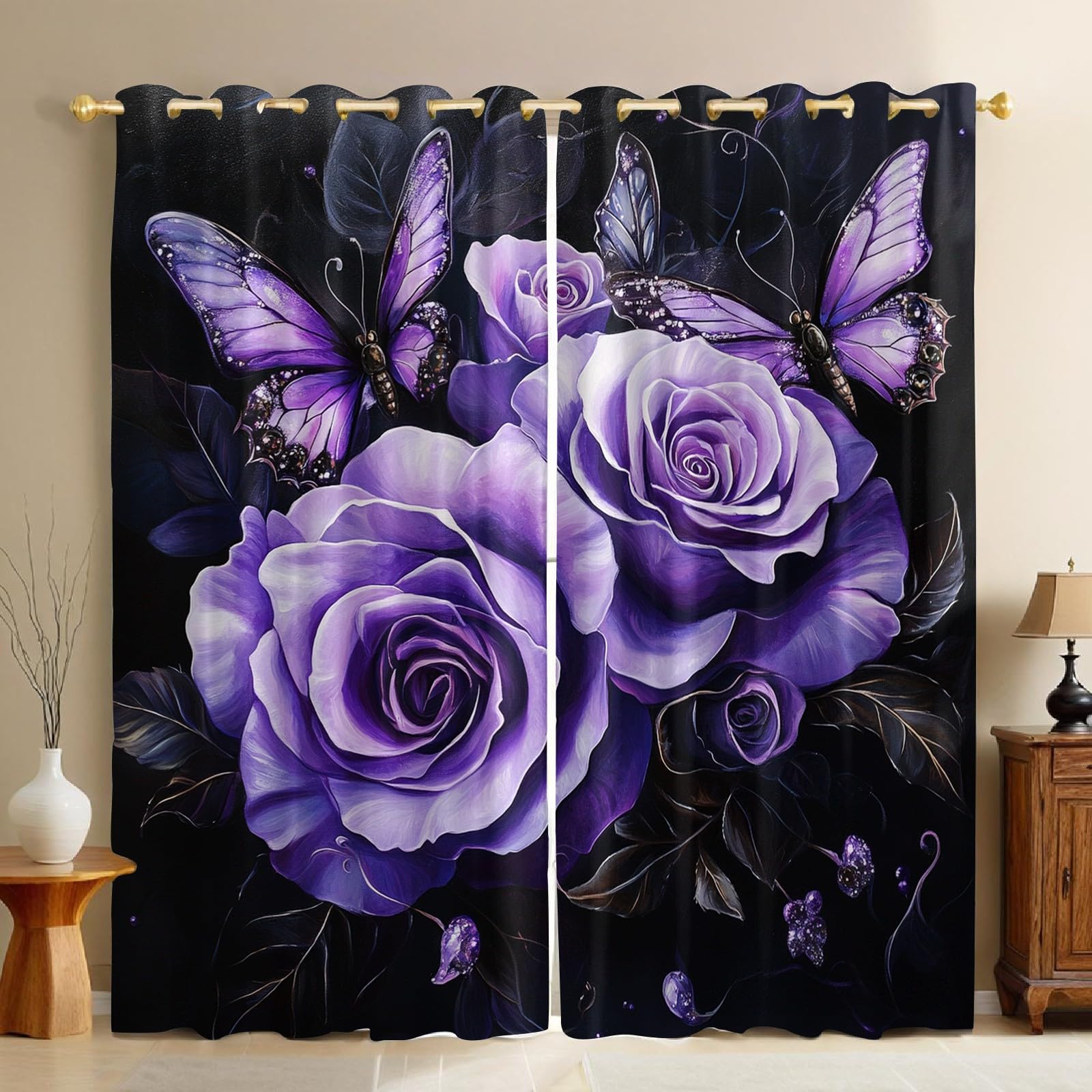 Rideaux occultants roses et papillons 140x175 cm pour chambre d'enfant