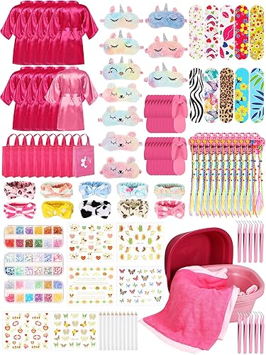 Suhine Juego de 10 suministros de fiesta de spa para niñas, batas de satén para niños, kit de salón de uñas, accesorios para fiestas de cumpleaños