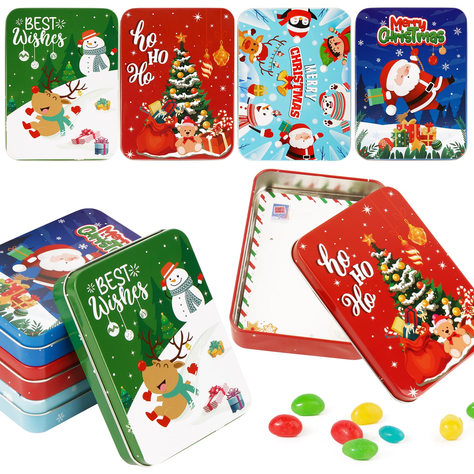 BOFUNX 8 Cajas de Metal de Navidad Cajitas de Regalo Navideño de Papá Noel con Tapas Embalaje para Dulces Galletas Dinero en Efectivo Tarjetas de Felicitación Navidad