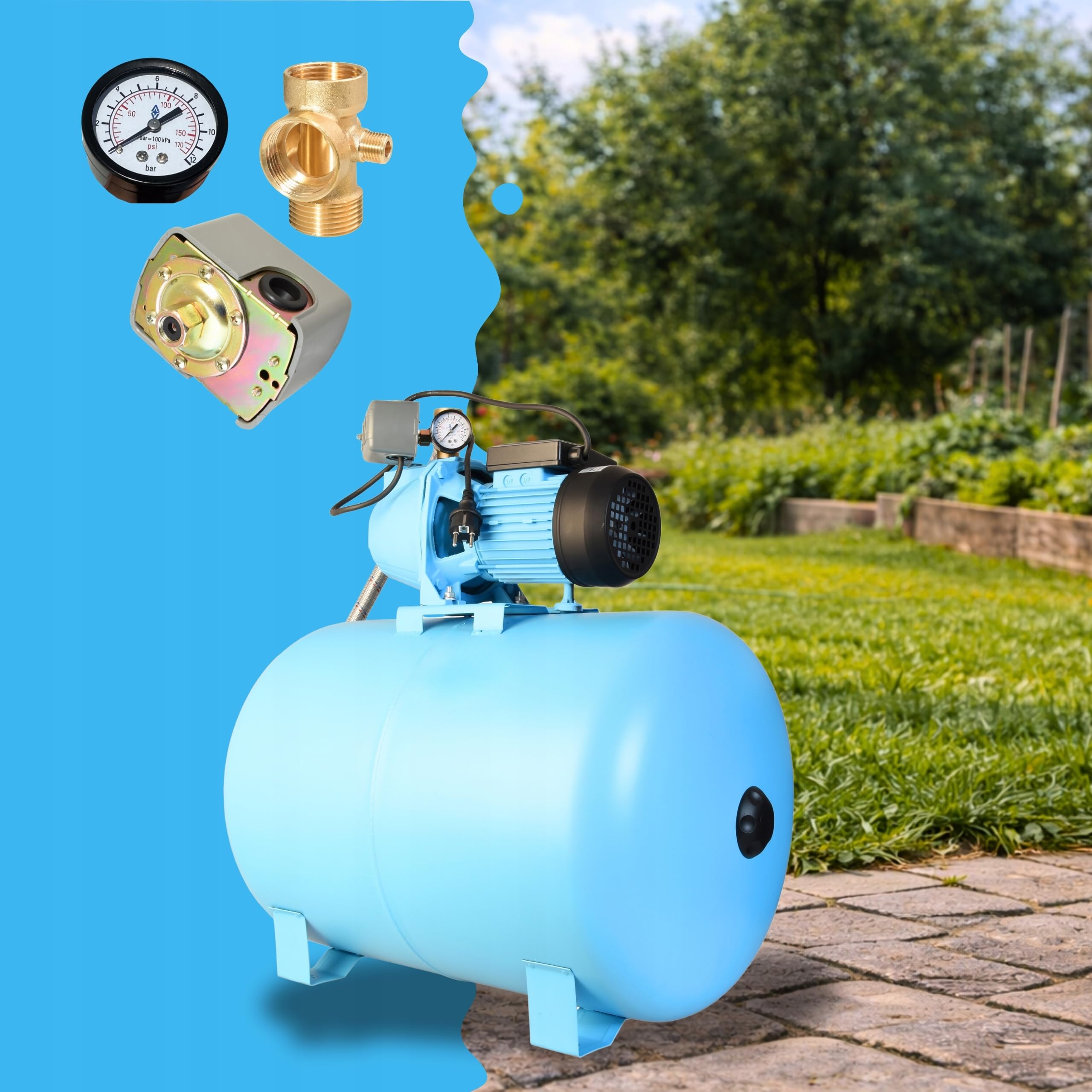 Impianto idrico domestico JET 100S - Pompa per l'approvvigionamento idrico domestico con serbatoio da 100L - Ghisa - Pompa dell'acqua (3600l/h, 1100W, prevalenza 50m) - Pompa da giardino con