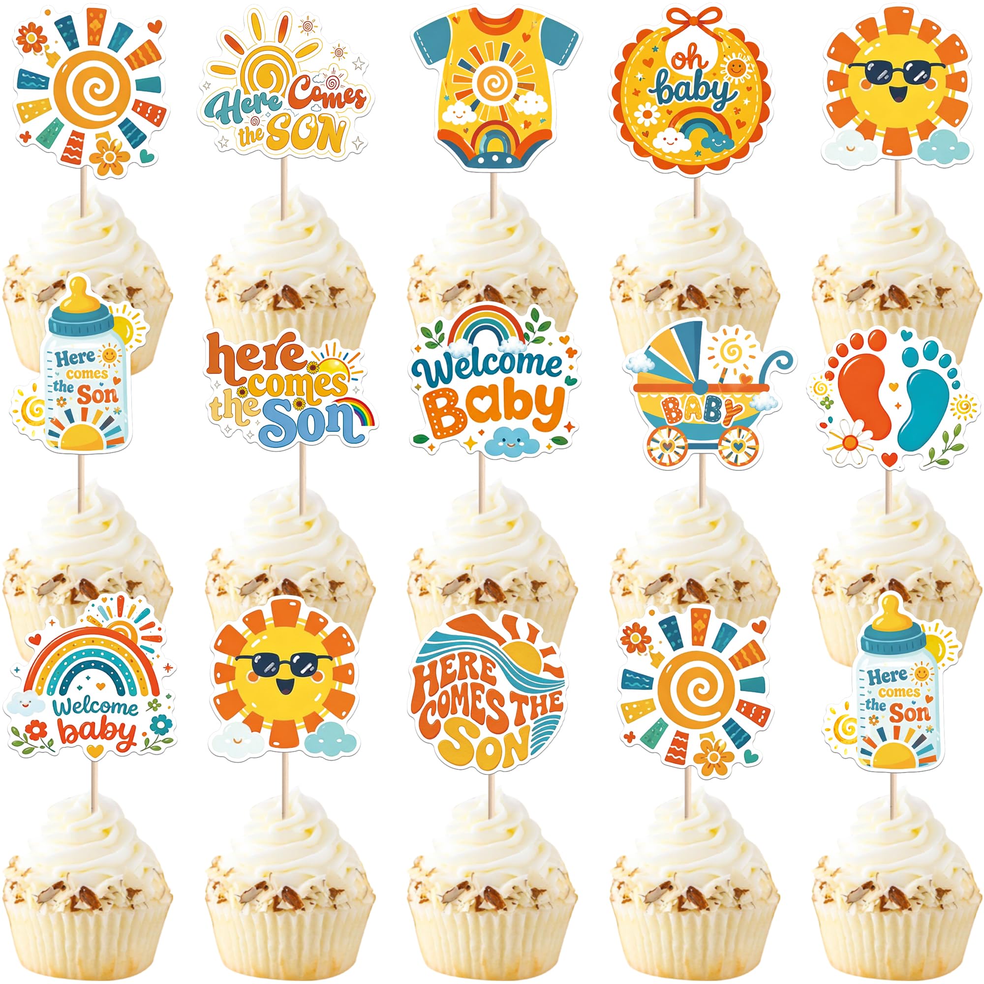 Xsstarmi 36 Pack Baby Shower Cupcake Toppers Here Comes The Son Welcome Baby Cupcake Picks for Newborns Birthday Party Cake Decorations Supplies
