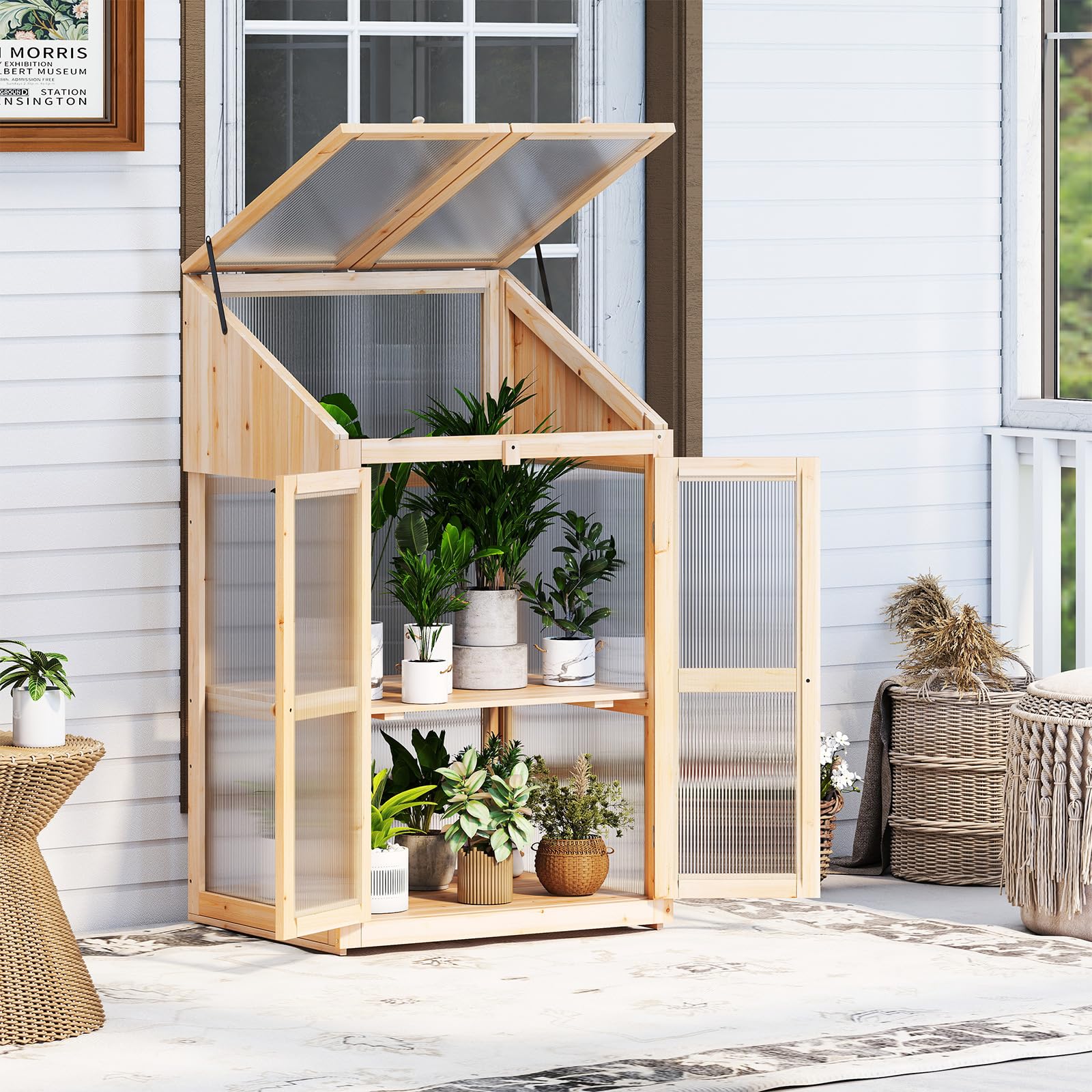 COSTWAY Serra da Balcone, Serra in Legno con Ripiano Fiori Rialzato, Tetto Trasparente Apribile, Porta Bloccabile e Ripiani Rimovibili, per Giardino e Cortile, 69 x 58 x 121 cm