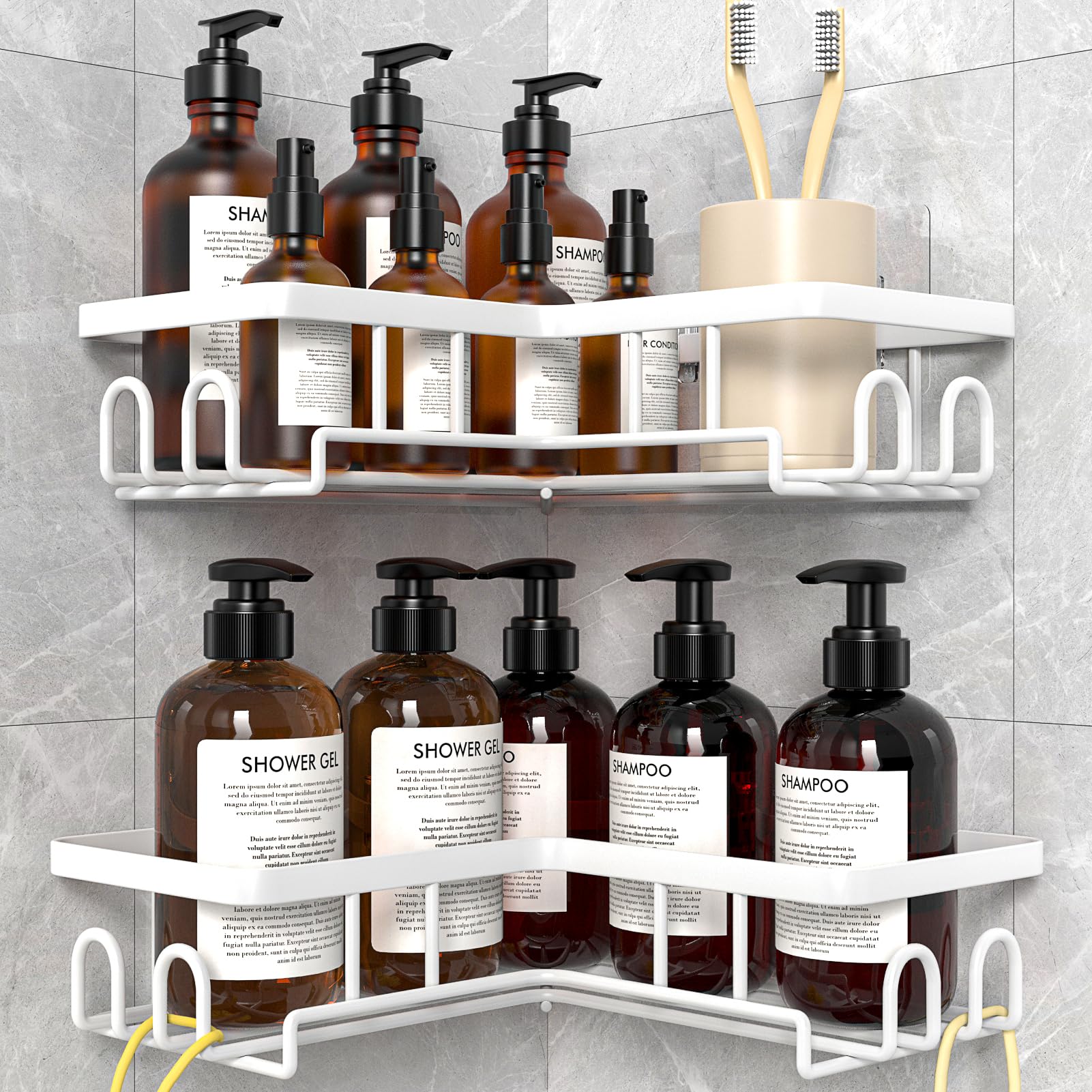 Diwoker Corner Shower Caddy, Adhesive Bathroom Storage, Rustproof Shower Shelf No Drilling, Bathroom Organizer (White, 2-Pack)
