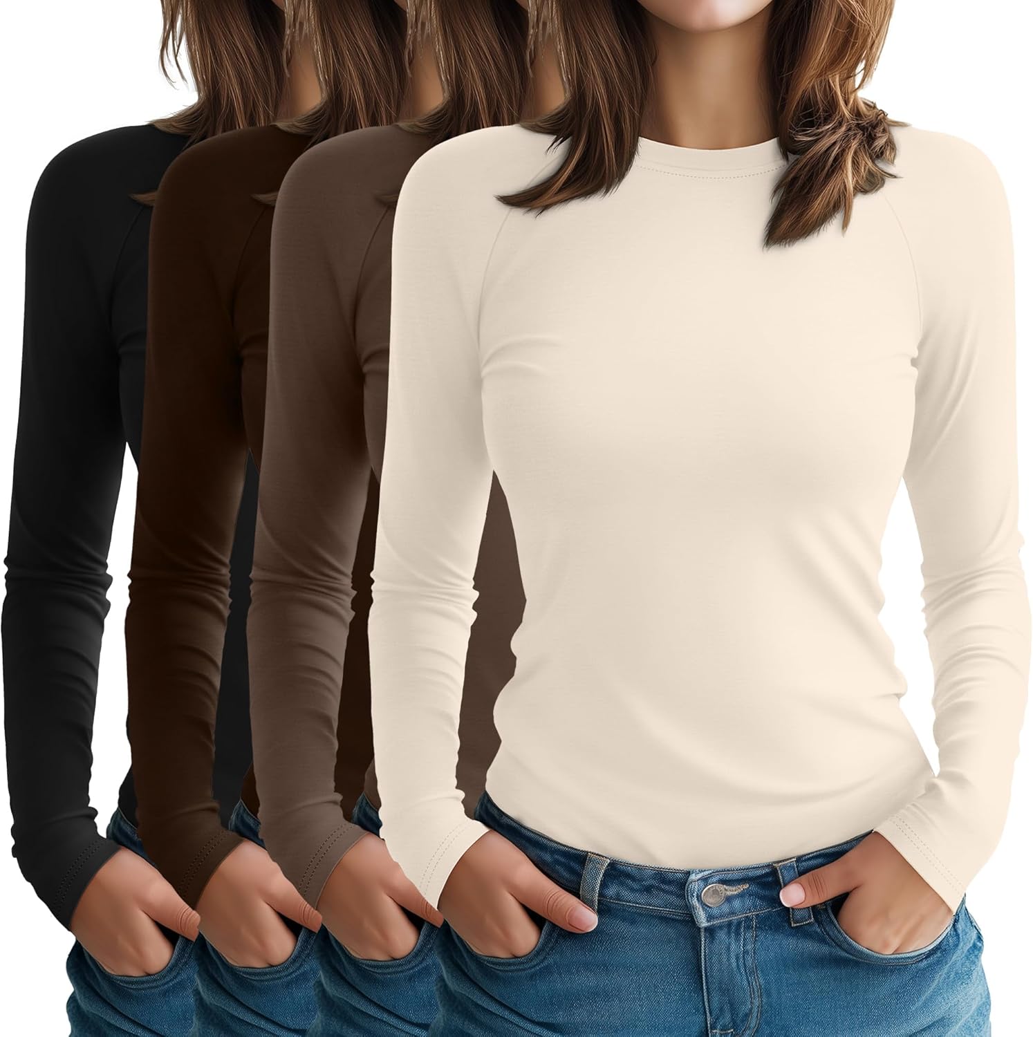 4 Pack Women's Long Sleeve Shirt Slim Fit Crew Neck Tops Casual Basic Stretch Cotton Blend Fall Going Out Outfits