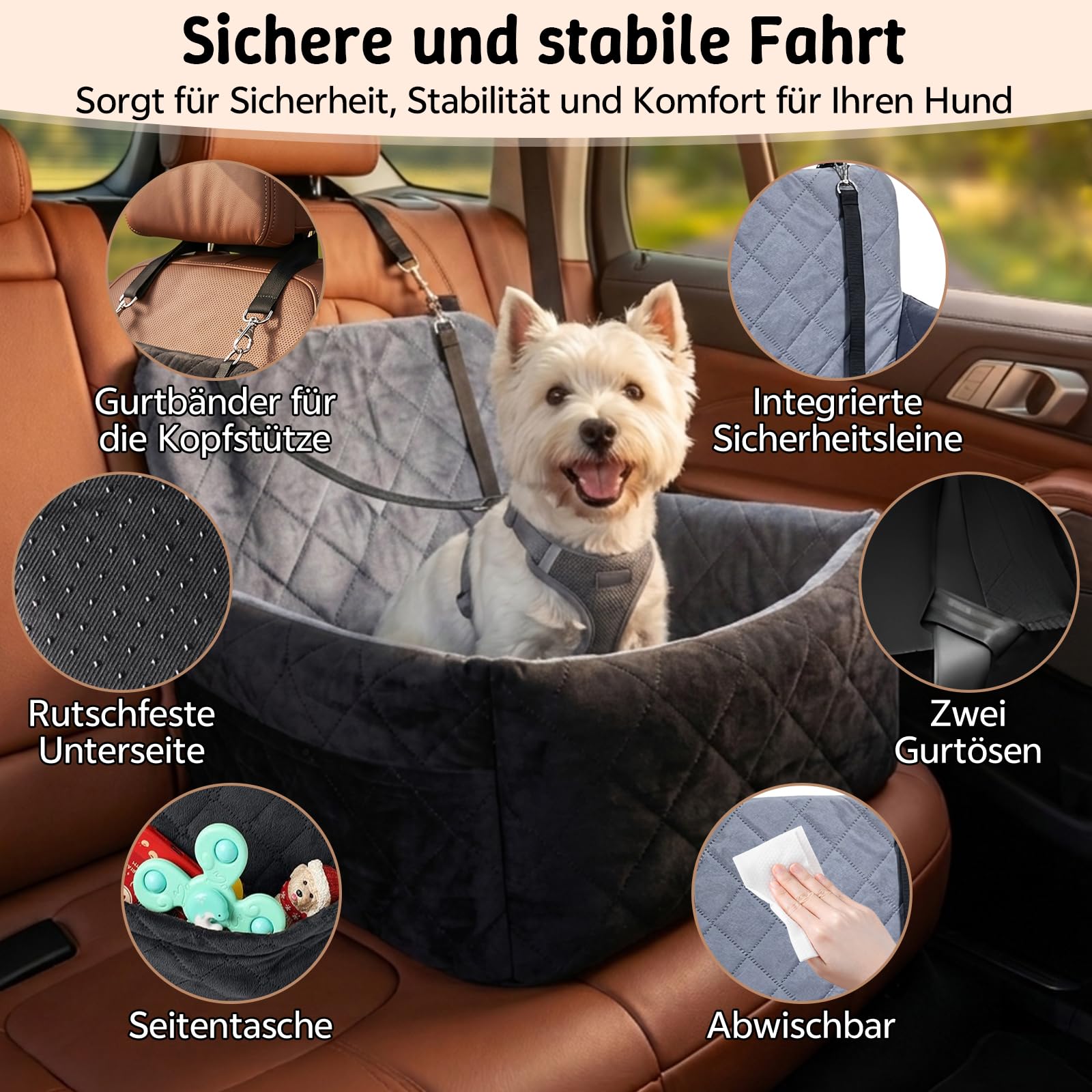 Hunde Autositz für kleine bis mittlere Hunde, Waschbares mit Aufbewahrungstaschen Memory-Schaum Hundebooster rutschfeste Unterseite & 2 Sicherheitsgurte, Reise-Hundebett für Vordersitz und Rückbank