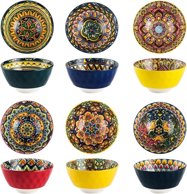 Henten Home Miska na zupę, 6 sztuk kolorowych misek ceramicznych - 360 ml, miska deserowa do muesli | sałatki | zupy | płatki kukurydziane | śniadanie, zastawa stołowa w stylu czeskim - wielokolorowe