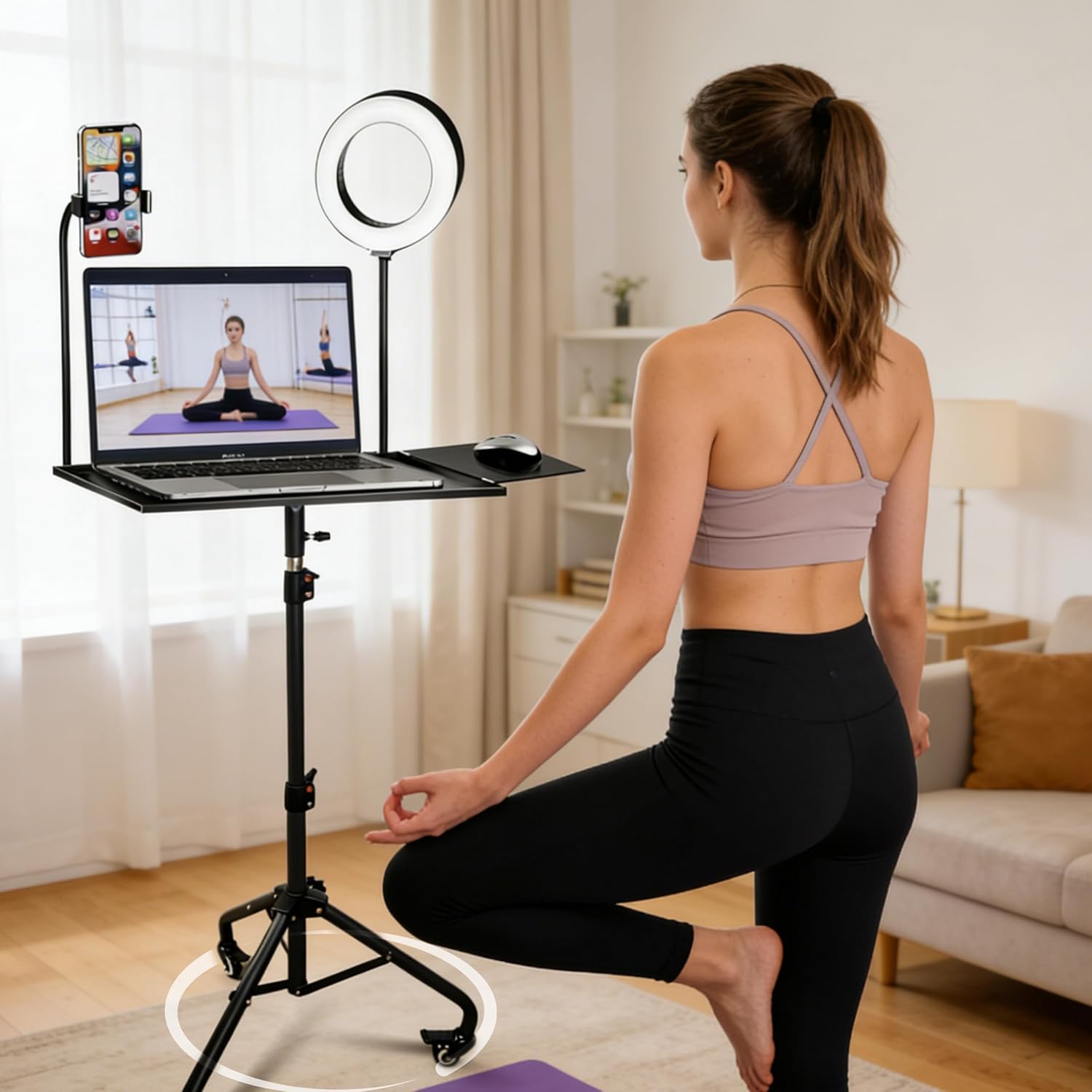Rolling Laptop Tripod Stand with Wheels, Adjustable Height 29–55 Inch Projector Tripod Stand, Portable Laptop Floor Holder with 6" LED Ring Light and Phone Holder