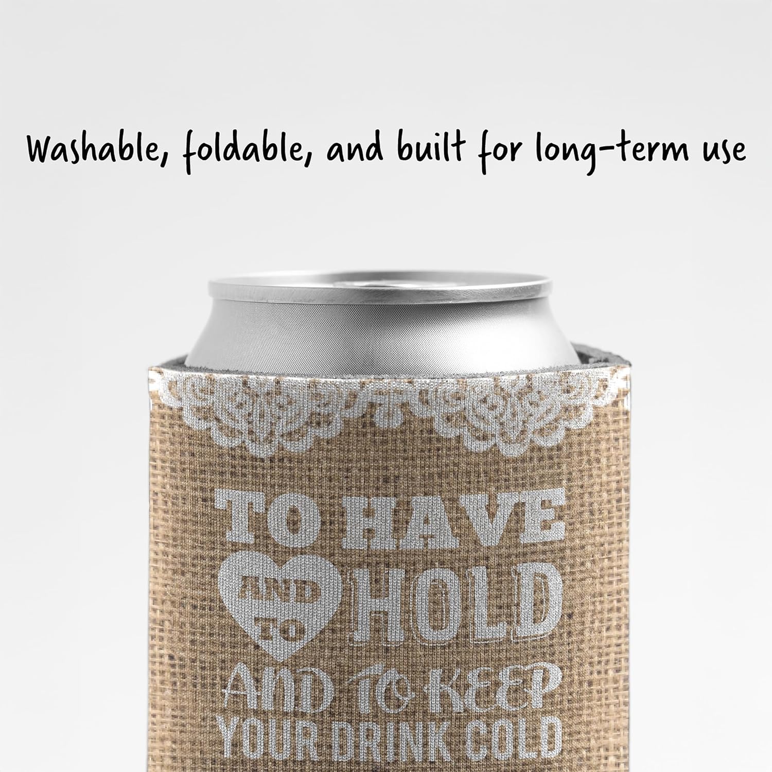 Custom Rustic Wedding Can Coolers – “To Have and To Hold” Burlap Design – Personalized with Names & Date – Set of 25 – VictoryStore Drink Sleeves for 12 oz Cans & Bottles