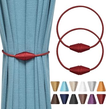 NICEEC 2 Pack Upgrade Magnetic Curtain Tiebacks 16 Inch Handmade Weave Rope Curtain Holdbacks Convenient Decorative Cone Curtain Drape Tie Backs for Home & Office Window Drapery Red