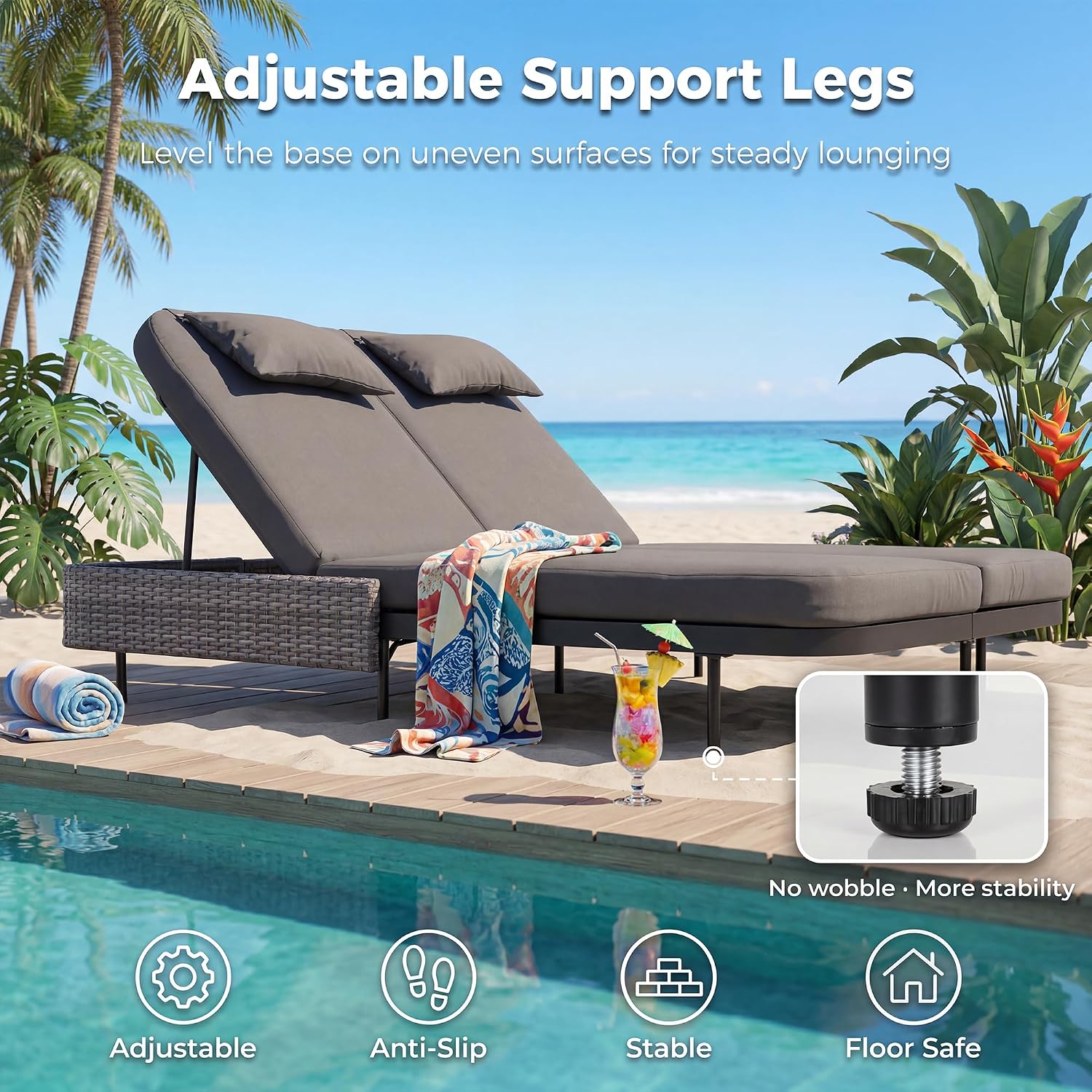 NICESOUL Double Chaise Lounge Outdoor, 51.2" Wide 2-Person Daybed with Independent Recline, Loveseat with 4" Thick Cushions, Heavy Duty All-Weather Wicker Sunbed for Patio Poolside Garden