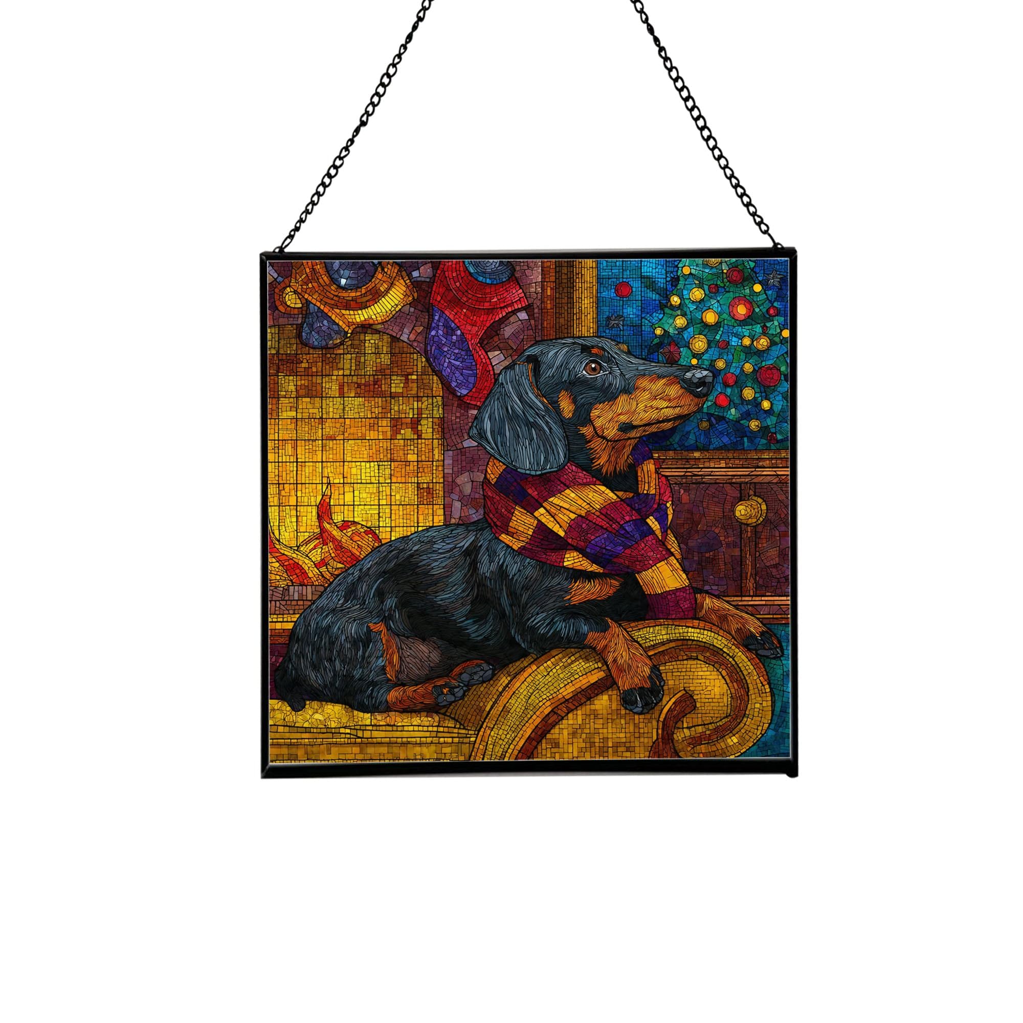 Dachshund Christmas Stained Glass Suncatcher – Square Hanging Holiday Window Panel with Cozy Fireplace Scene – Winter Glass Art Decoration Gift for Animal Lovers, Pet Owners HMor8j
